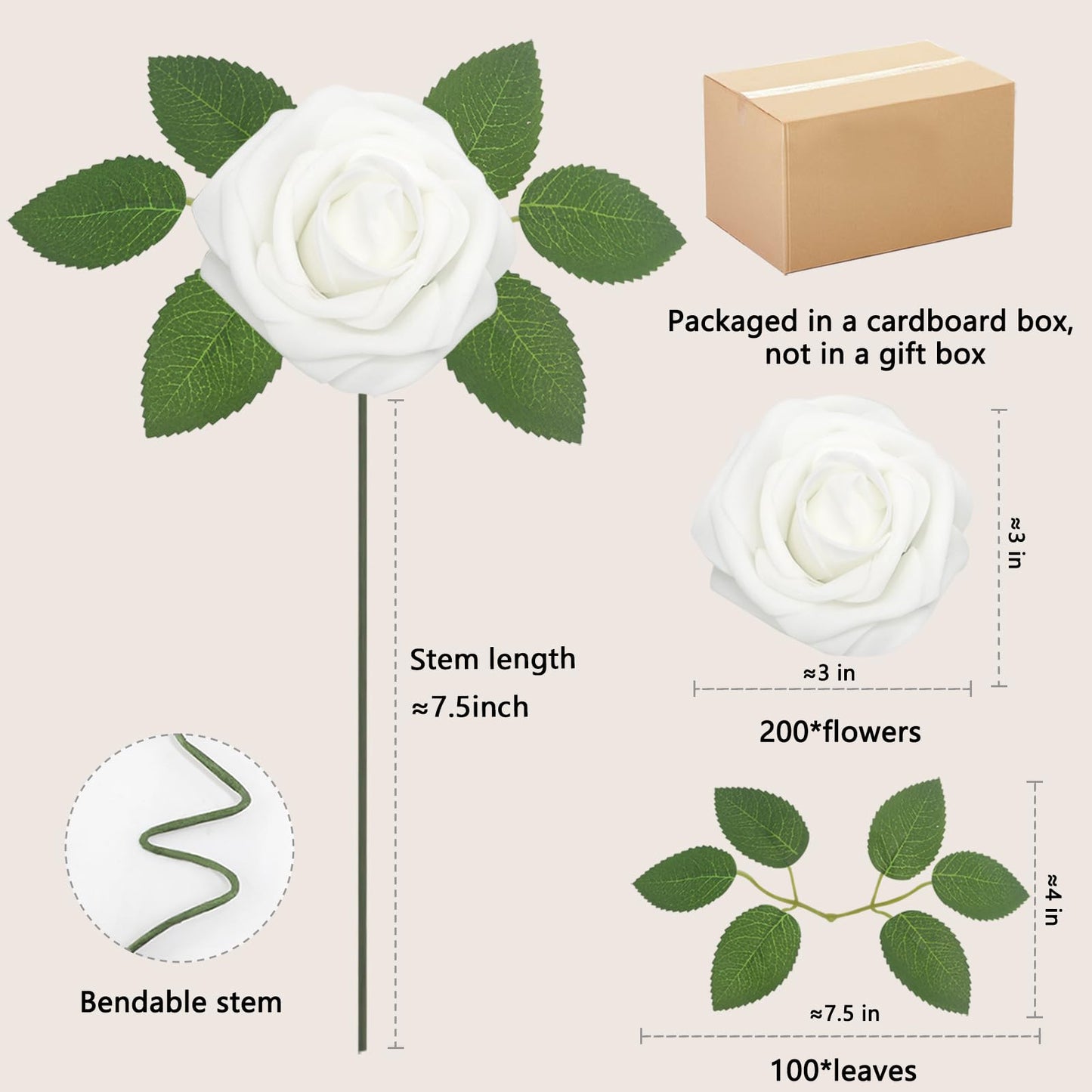 WANTMAZOR 200PCS Artificial Flowers White Roses Real Looking Foam Fake Roses with Leaves and for DIY Wedding Bouquets Bridal Shower Centerpieces Party Decorations (White, 200)