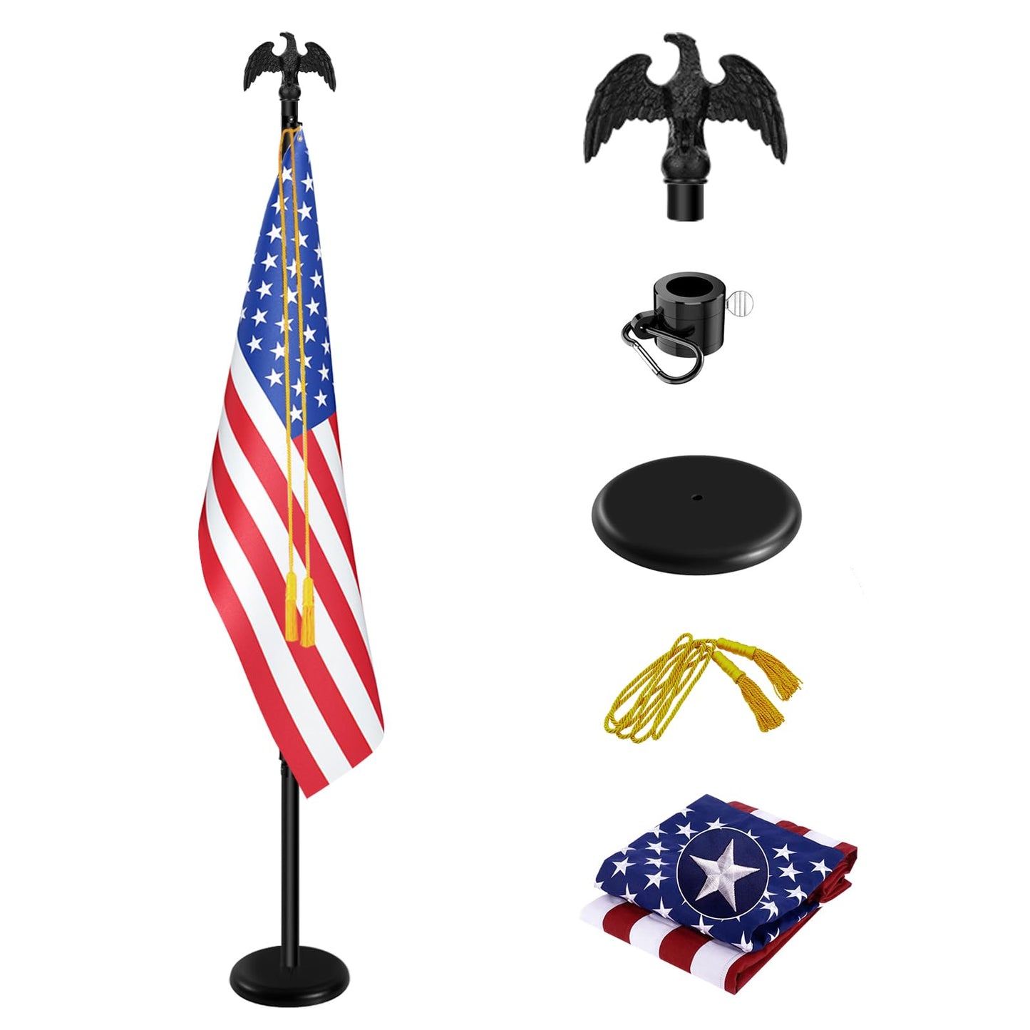 IN WHICH BAY Indoor Flag Pole Kit - Telescoping 6FT-8FT Flag Pole with Base, 3x5 FT Embroidered Stars American Flag,Black Eagle Topper, Black Flagpole and Stand, for Office School City Hall(1Pack)