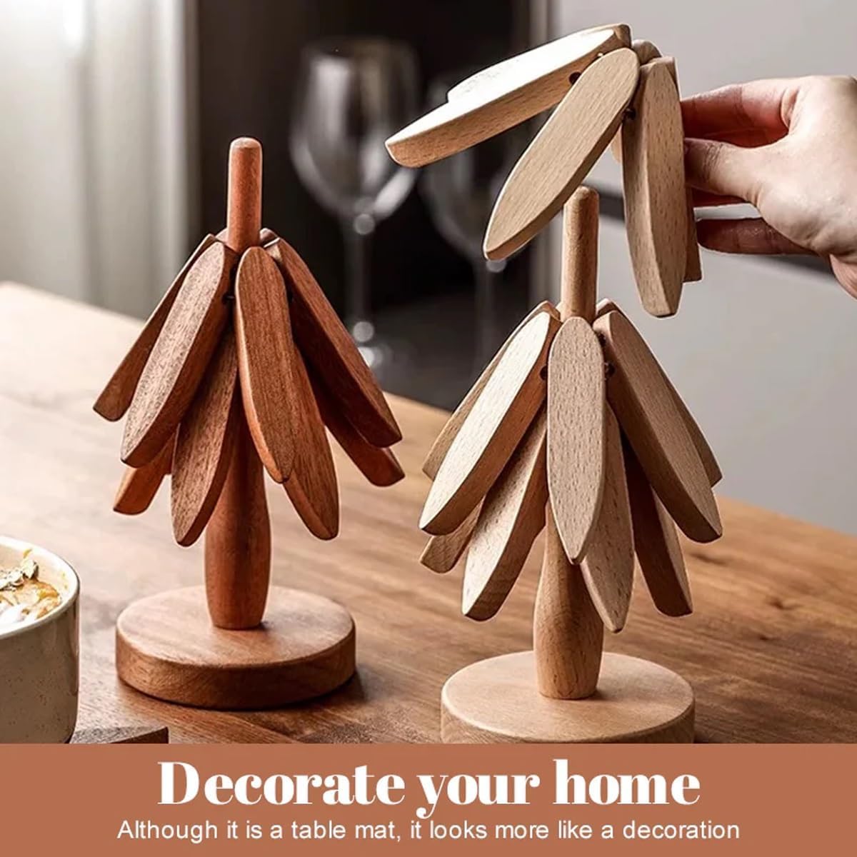Wooden Trivets for Hot Dishes, Tree Shape Trivet Set, 5 Walnut Wood + 1 Stand stored Like a Christmas Tree,Foldable Kitchen Wooden Trivet,for Hot Dishes、Pot、Bowl、Teapot、Hot Pot Holder(Walnut Wood)