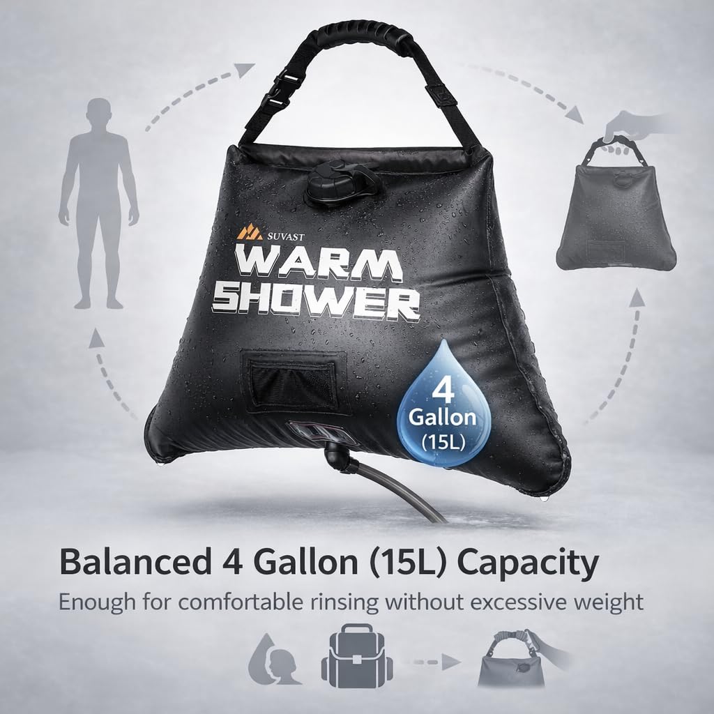 suvast Solar Shower Bag, 4 Gallon/15L, TPU Portable Solar Shower for Camping & Outdoor Cleaning, with Hose and Carry Bag
