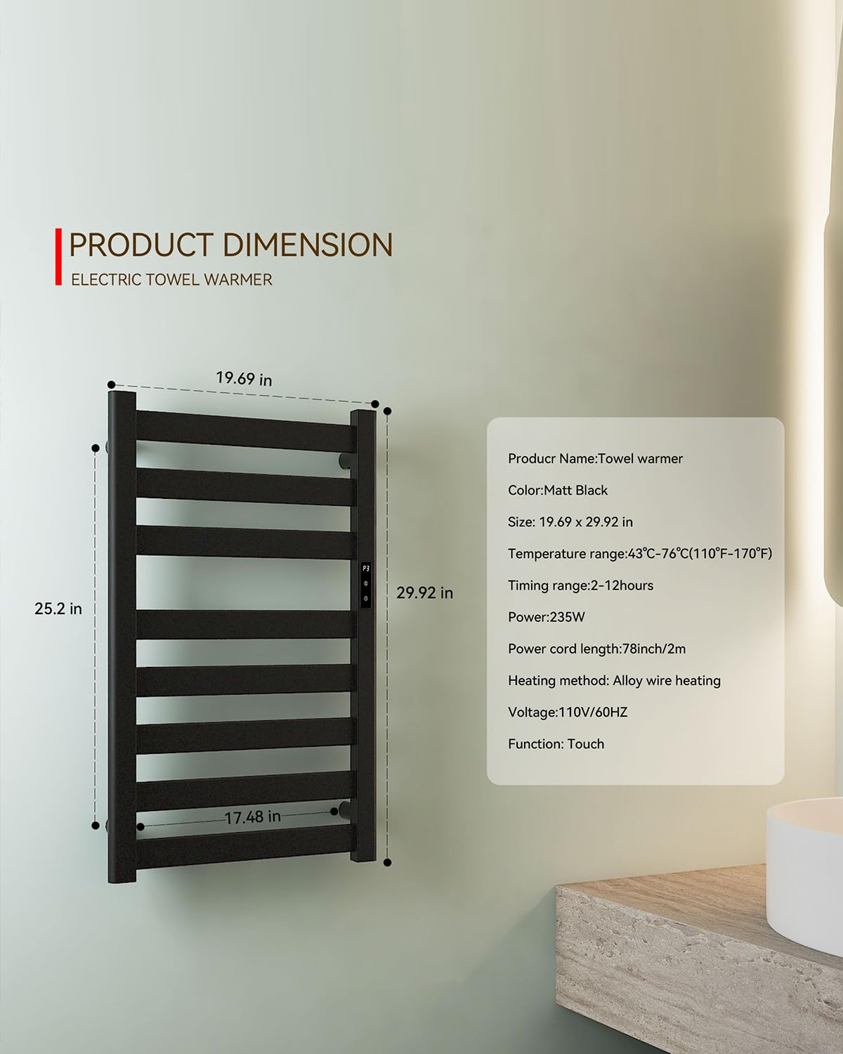 Sawlece Towel Warmers for Bathroom,Space Aluminum Wall Mounted Towel Warmer Rack, Heated Towel Rack for Bathroom,8 Bars Electric Towel Heater with Built-in Timer,Plug-in,Matte Black