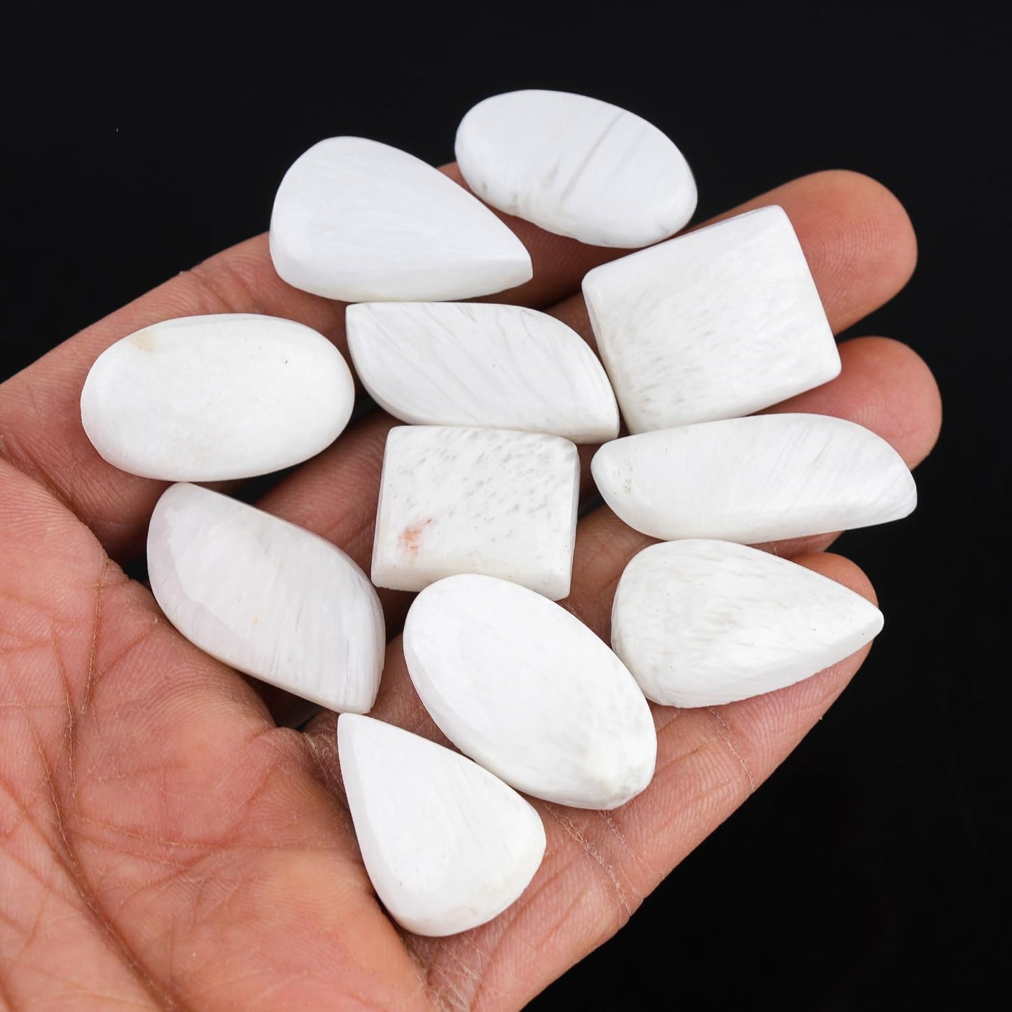 GemSymphony 100 Carat Natural Scolecite Gemstone Cabochon Lot Mixed Shapes – 5 to 6 pcs Hand Polished Crystal Stones for Jewelry Making Supply, Healing, Reiki, Craft Supplies, Unique Cab Set for Wire Wrapping & Collectors (15-20 mm)