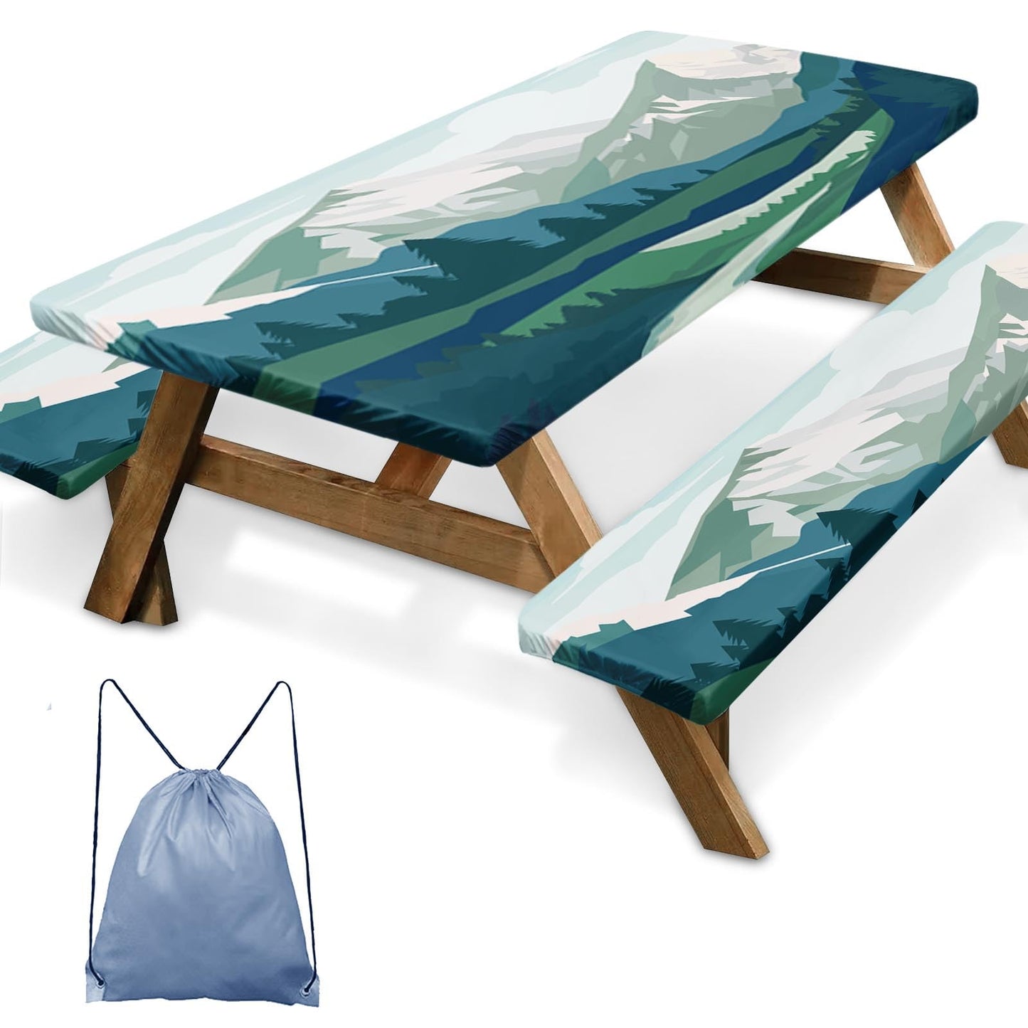 Britown 3 Piece Fitted Picnic Table Cover with Bench Covers, 72"x30" Full Elastic Edge Camping Tablecloth, Waterproof Wipeable RV Outdoor Patio Park Camping Essentials With Drawstring Bag (Mountain)