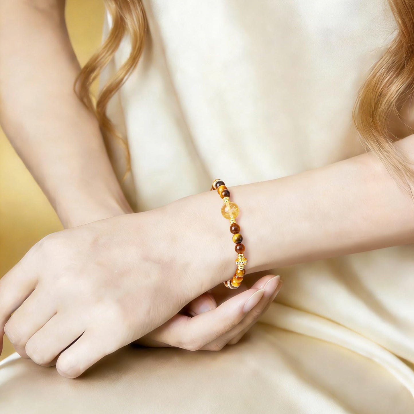Magiriam Tiger Eye & Citrine Crystal Bead Bracelet for Women Men, Chakra Crystal Energy Bracelet with Gold Zircon Charms Protection & Confidence Lucky Amulet, Elastic Jewelry Gift for 6.3"-7.1" Wrist