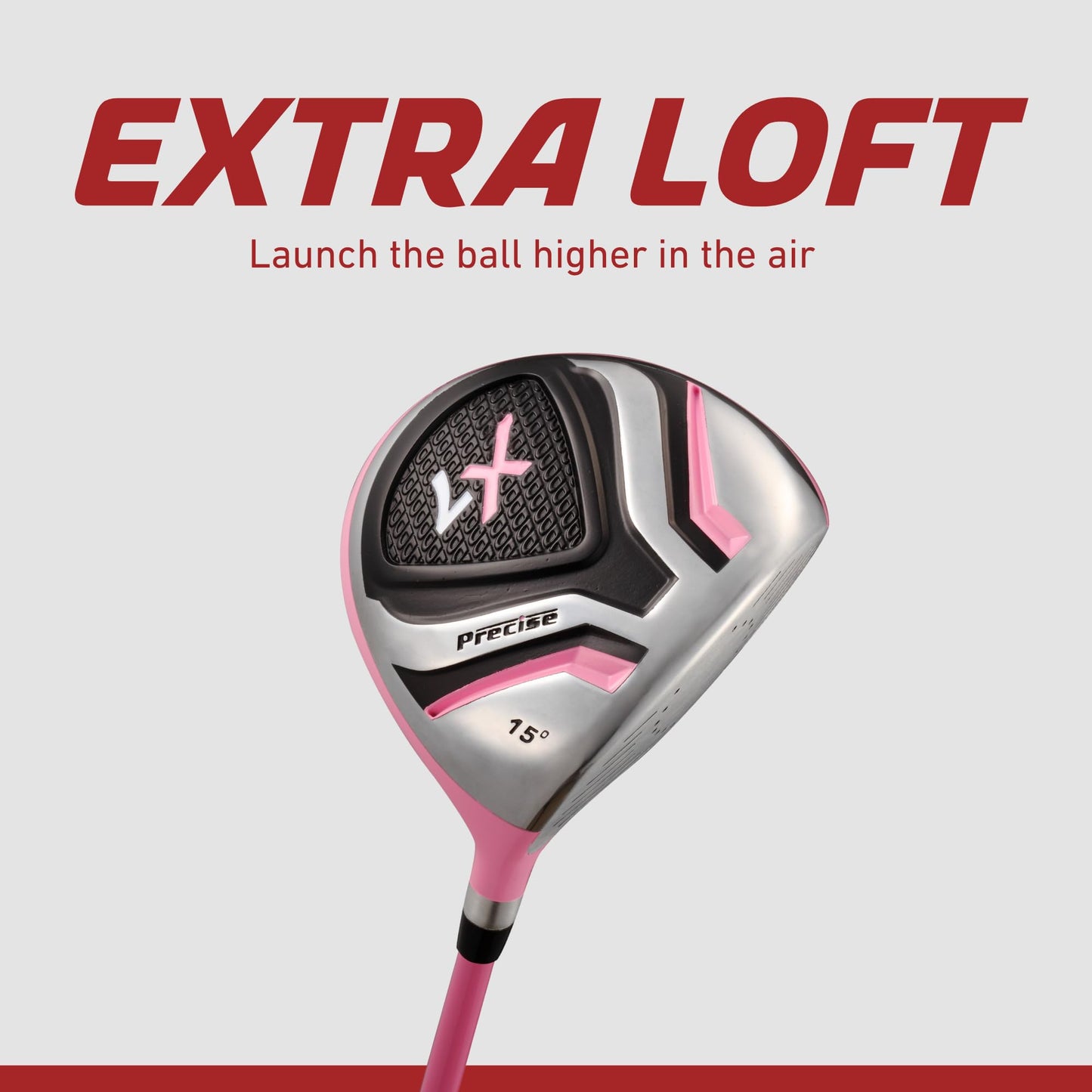 Precise X7 Junior Complete Kids Golf Clubs Set - Boys & Girls Right Handed Kids Golf Set w/ Driver, Hybrid, Irons, Putter, Stand Bag & Headcovers - Youth Golfing Clubs Sets for Ages 9-12 - Pink