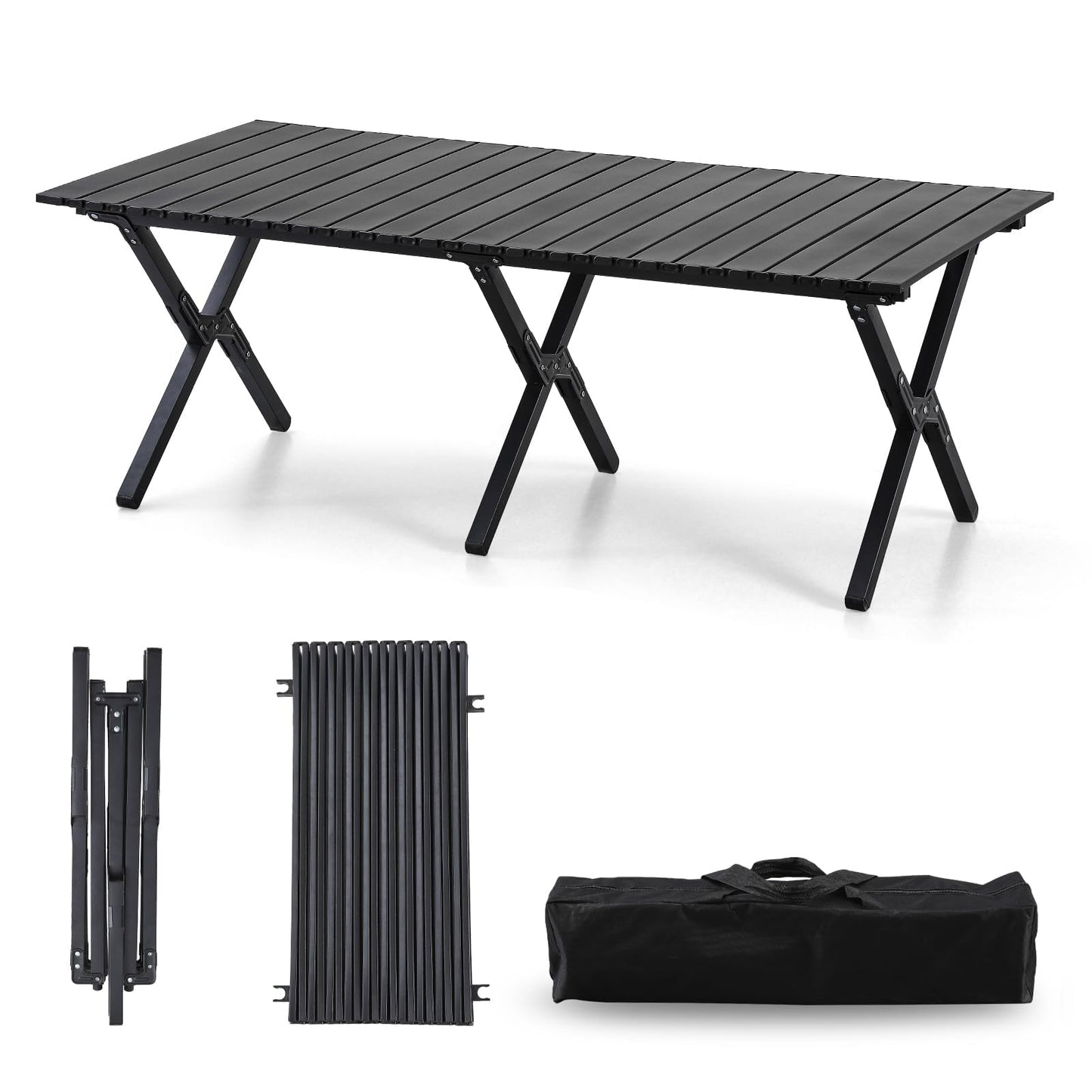 4Ft Aluminum Folding Camping Table, Portable Picnic Table, Outdoor Lightweight Collapsible Camp Table, Roll-up Camping Table for Beach,Party, Patio, BBQ, Travel, Backyard (Black Upgraded Version)