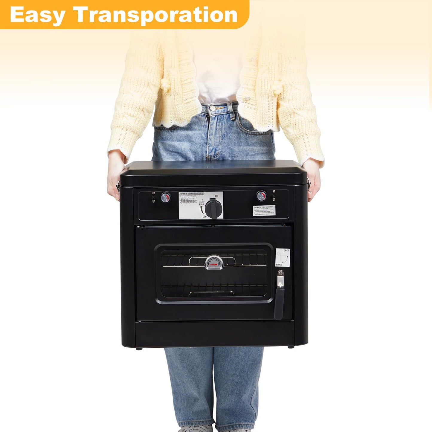 Bonnlo 2-in-1 Camping Oven & Portable Gas Stove Combo with 3-side Windscreen, Powerful 19,800 BTU Propane Oven with One-click Ignition, Heat-resistant Coating & Thermometer for Outdoor Use, Black