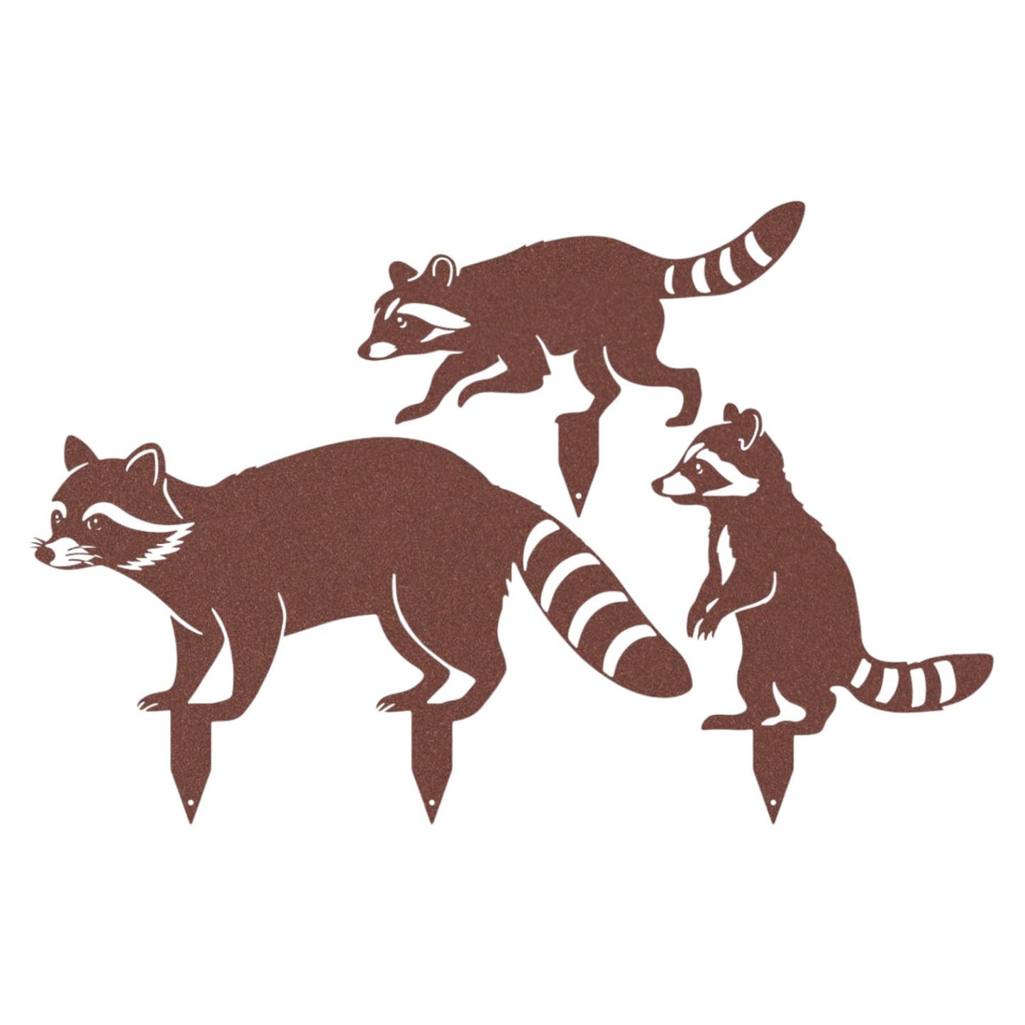 RealSteel - Garden Art Raccoon Family 3 Pack | Metal Yard Decor | Outdoor Garden Stakes | Wildlife Animal Decor | Custom Steel Art | Rust Resistant | Lawn Ornaments for Garden & Pathways (Rust)