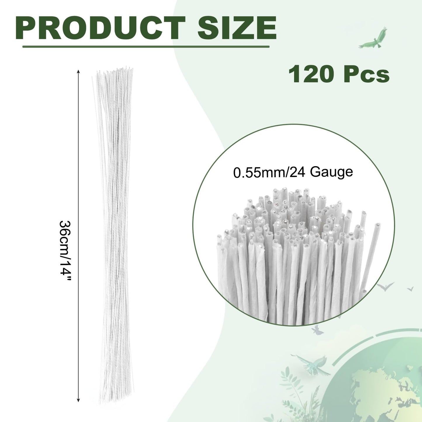 PATIKIL 120 Pcs 24 Gauge Floral Wire, 14 Inch Floral Stem Flower Paper Wrapped Wires for Flowers Crafts Bouquet Arrangement Supplies Wreath DIY Projects, White