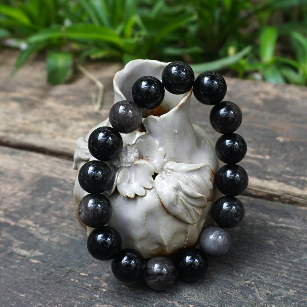 TaHLga 12mm Silver Obsidian Crystal Bracelet for Men Women | Natural Root & Third Eye Chakra Stone | Protection & Intuition | Fits for Large Wrist 8-8.5" | Come with Box & Pouch