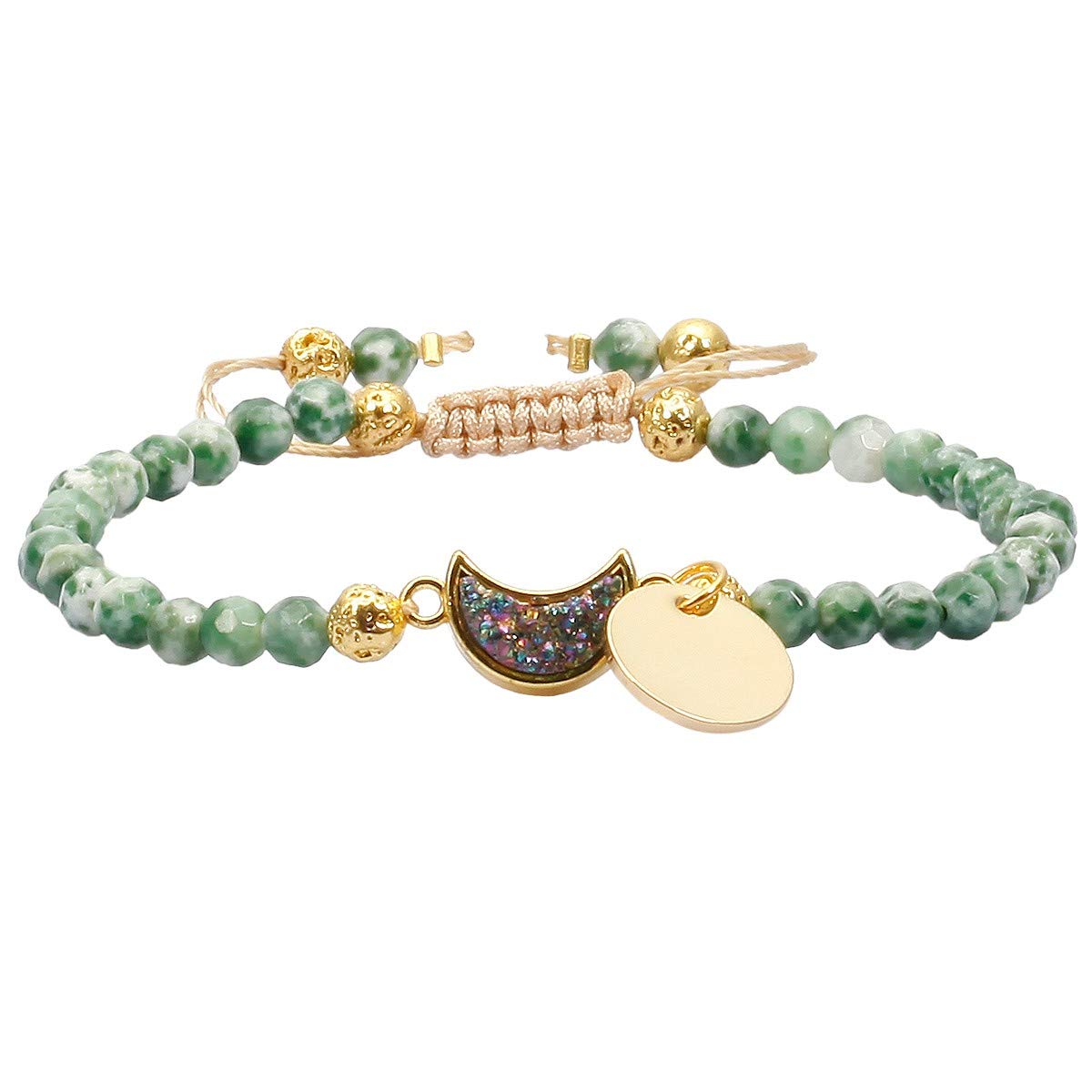 Nupuyai 4mm Faceted Stone Beads Bracelet for Women Men, Adjustable Healing Crystal Chakra Bracelet with Druzy Moon Charms, Green Dalmation Jasper