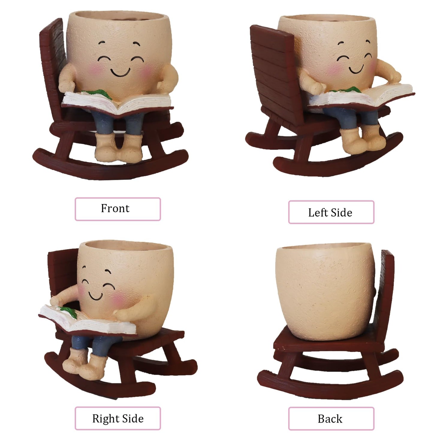 Dolkgy Cute Plant Pots Head Planters, Funny Rocking Chair Reading Book Planter Cactus Face Pot with Drainage Hole for Indoor Outdoor Plants, Unique Plant Lover Gifts