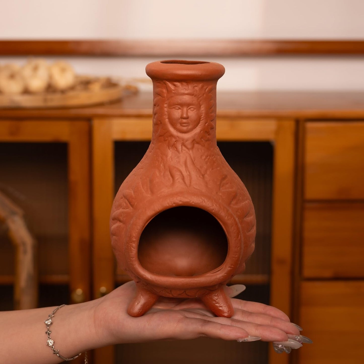 Handcrafted Terracotta Palo Santo Holder with Sun Face Design - Mini Chiminea Incense Burner for Sage & Copal - Thoughtful Gifts for Meditation, Yoga, Aromatherapy