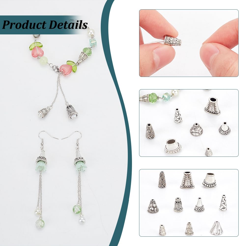 PH PandaHall 60pcs 10 Styles Cone Bead Caps, Tibetan Style Alloy Flower Bead Caps Spacers Tassel End Cap for Earring Necklaces Keychain Pendants Jewelry DIY Crafts Making, Antique Silver