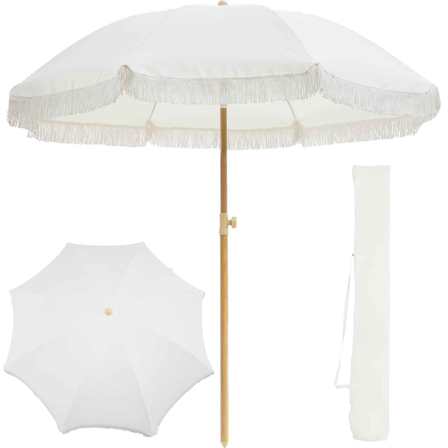 Kbrellaoutlets 7FT Boho Patio Umberlla with Fringe,UPF50+ Outdoor Umbrella with Fiberglass Ribs and Push Button Tilt,Tassels Umbrella for Beach,Terrace,Picnic (Belge)