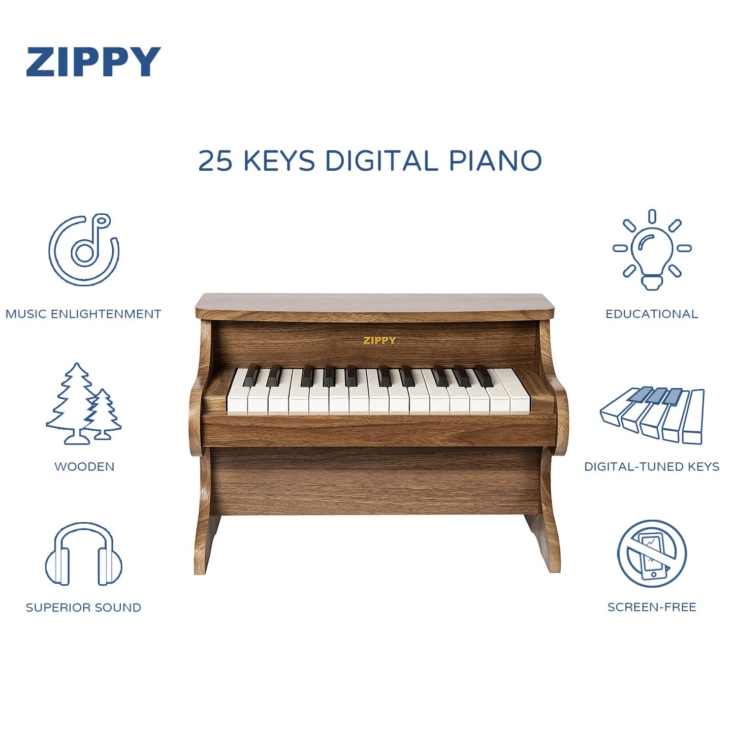 ZIPPY Kids Piano Keyboard, 25 Keys Digital Piano for Kids, Mini Music Educational Instrument Toy, Wood Toy for Toddlers Girls Boys (Walnut)