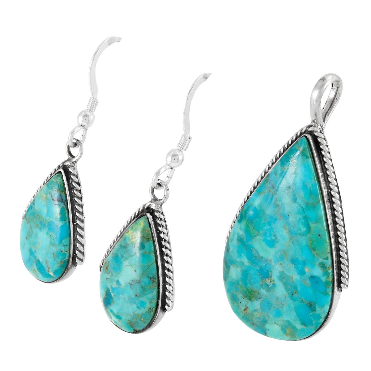 925 Sterling Silver Matching Pendant & Earrings Set with Genuine Gemstones 20" Necklace (Turquoise)