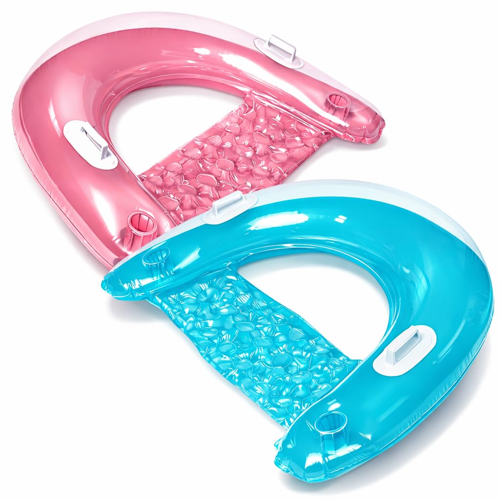 Inflatable Pool Chair Float (2 Pack) Pool Floats Adult Size with Drink & Phone Holder - Heavy Duty Lounger Floating Recliner Blow Up Floaties Hammock Noodle Water Floaty Lake Beach Tanning Float