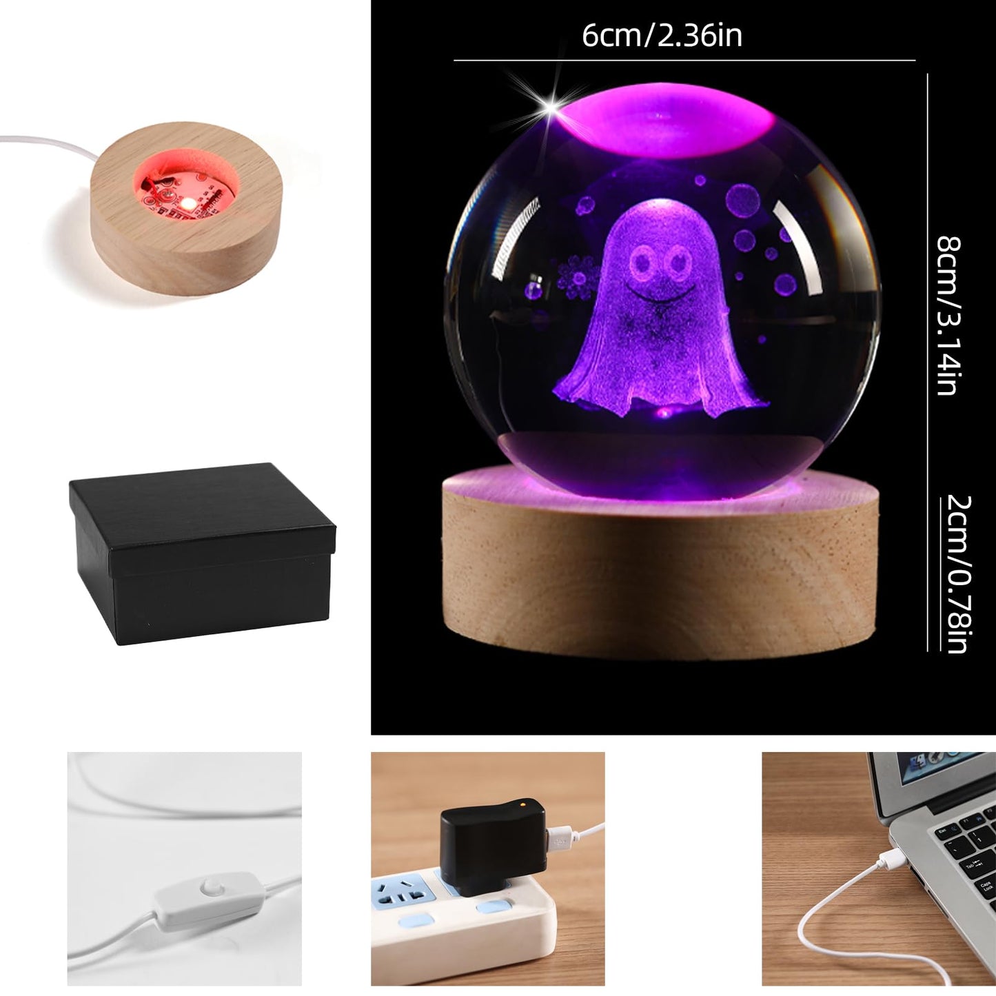 YummyCarrot 3D Ghost Crystal Ball Night Light,2.36inch Laser Engraved Led Light with Wooden Base, Gifting Box for Birthday Xmas Cool Figurines Gifts for Halloween Room Decor Boys Girls