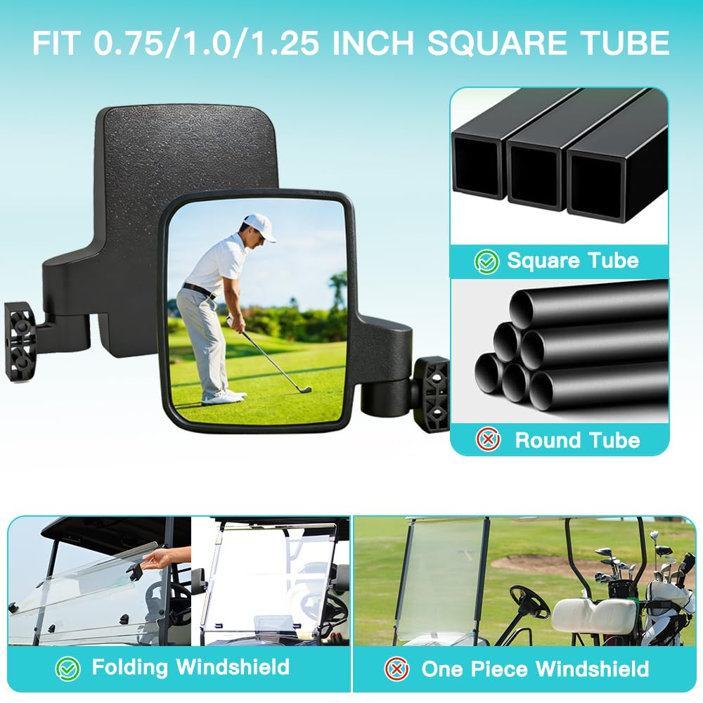Cenulavo Golf Cart Mirrors, No Drilling Side Rear View Mirrors for Club Car EZGO Yamaha, Clamp On Foldable Wide Angle Anti-Vibration, Fits 0.75" 1" 1.25" Square Tube