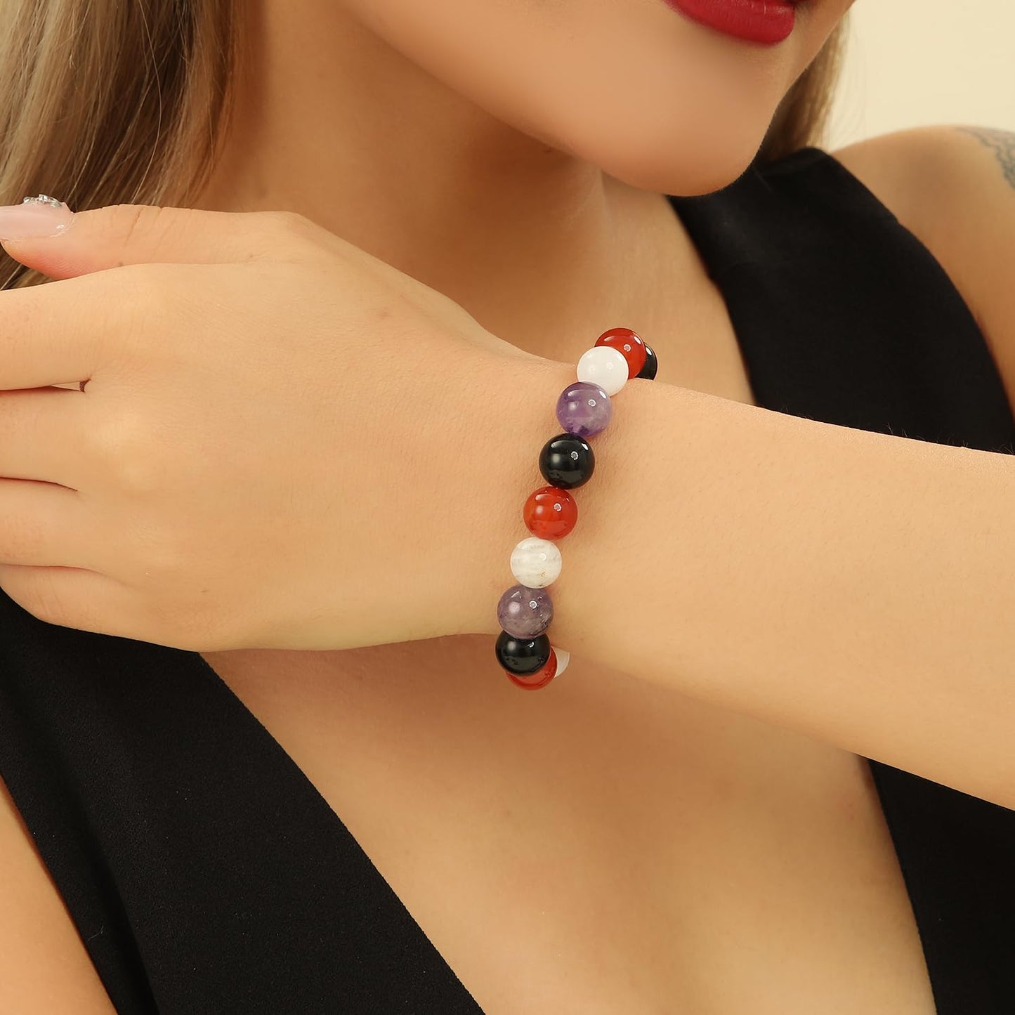 Crystal Vibe Protection & Energy Crystal Bracelet - 10mm Beaded Bracelets for Men Women With Stones of Amethyst, Black obsidian, Carnelian, Moonstone - Elastic Adjustable Size