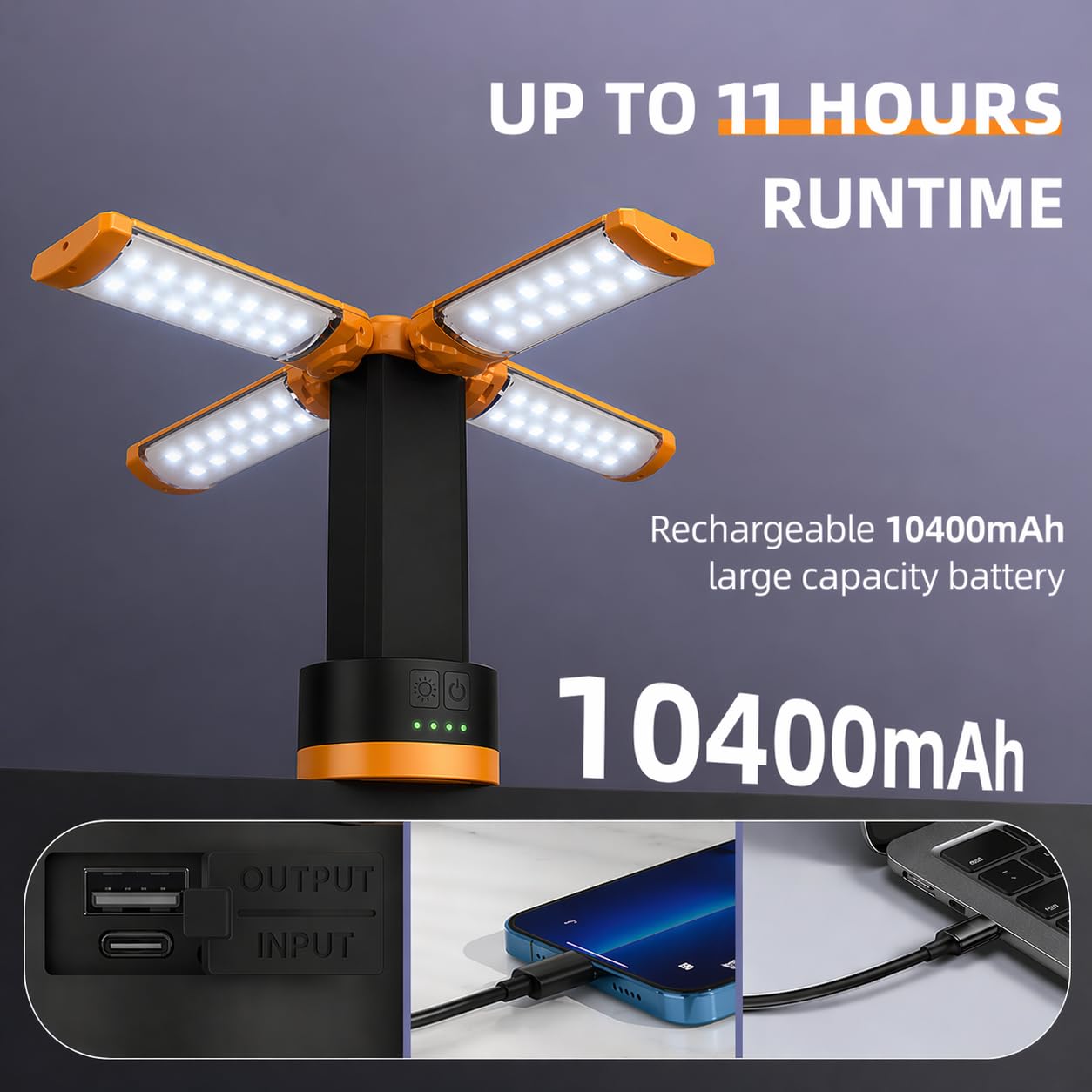 T-SUN Rechargeable Camping Light with Stand, 4 LED Lamp Heads for Wider, Fuller Coverage, 4100LM Tripod Work Light with Magnetic Base, Hook & USB-C, for Jobsite, Emergency, Camping (Orange)