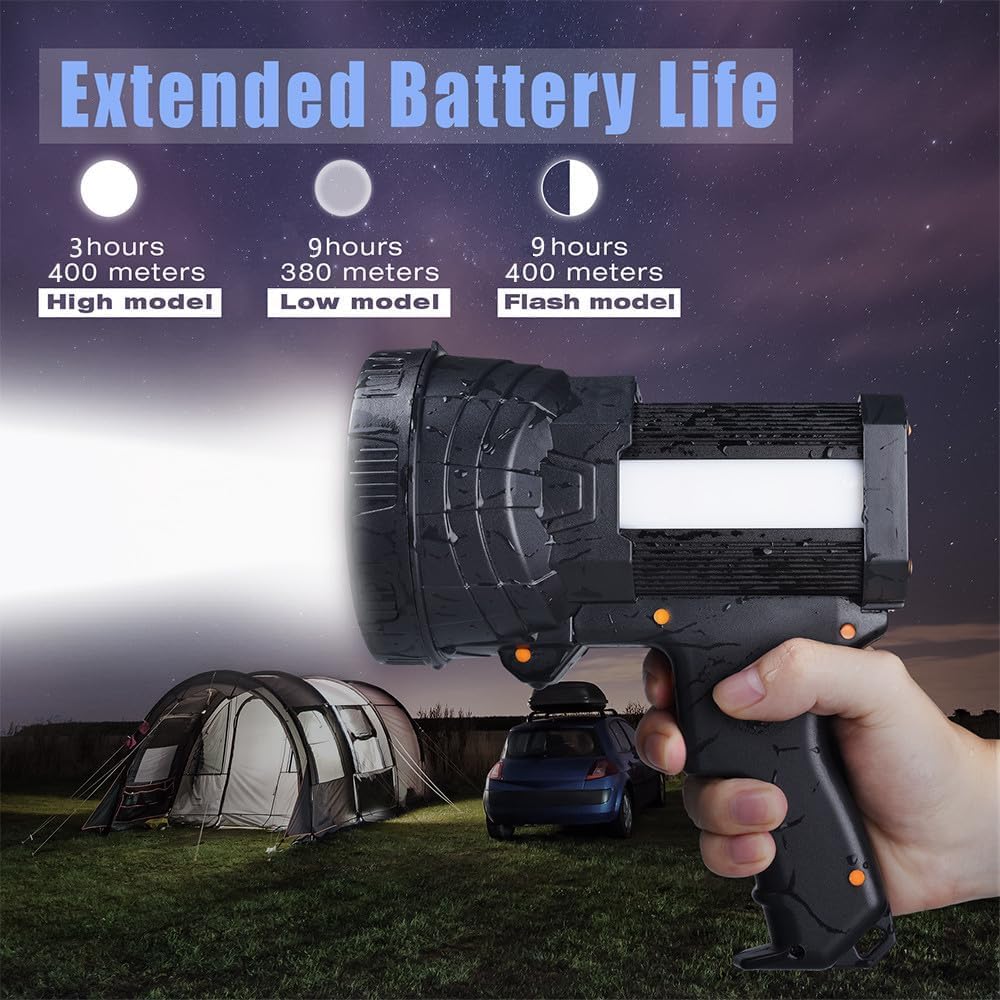 YIERBLUE Rechargeable Spotlight, Super Bright 2000000 High Lumen LED Handheld Spotlight Long Lasting Large Flashlight Searchlight and Flood Camping Flashlight with Foldable Tripod