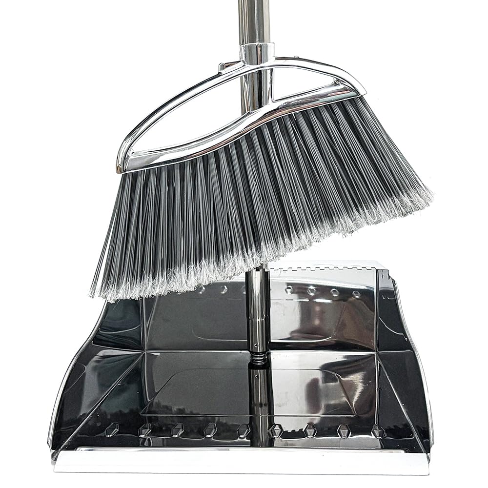 GLOYY Outdoor Broom and Dustpan Comb Set,Heavy Duty Stainless Steel Metal Dust Pan with Long Handle Commercial Stiff Bristles Broom for Home Garage Garden Patio