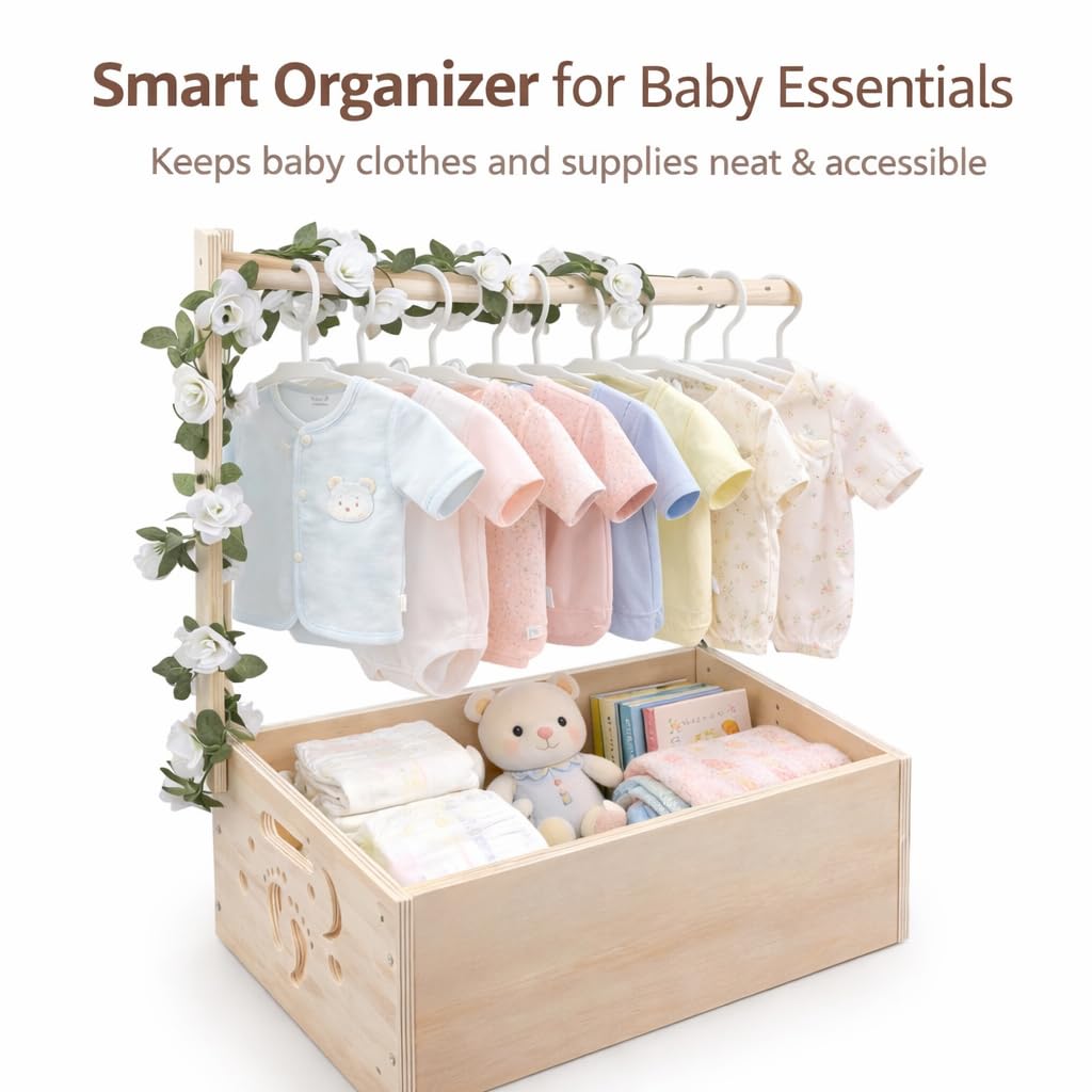 DWETG Wooden Baby Shower Crate – Personalized Baby Gift Basket for Newborn Boy & Girl, Baby Closet Organizer with Handle, Keepsake Storage Box for New Mom & Parents
