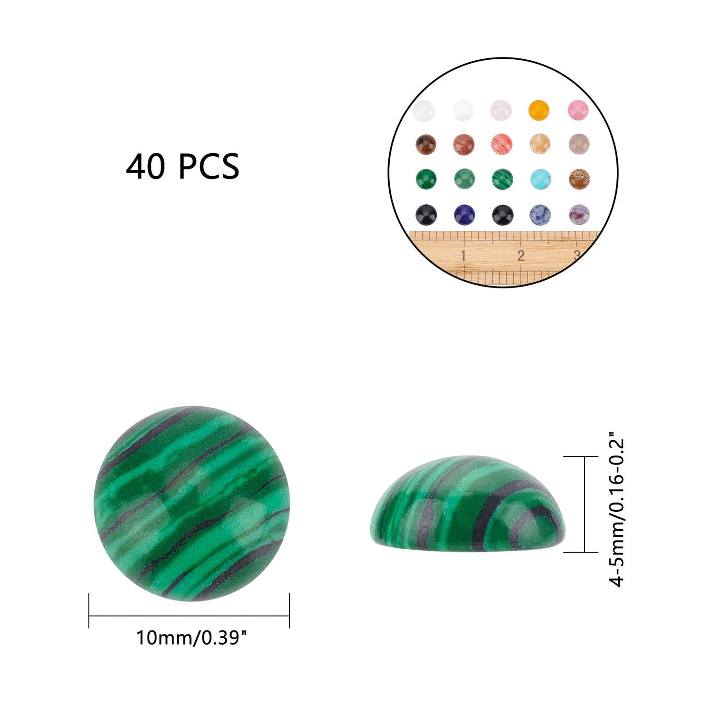 SUPERFINDINGS 40pcs 10mm Half Round Natural Cabochon 20 Color Flat Back Gemstone Cabochon Healing Quartz Chakra Crystal Stone for Bracelet Necklace Jewelry Making