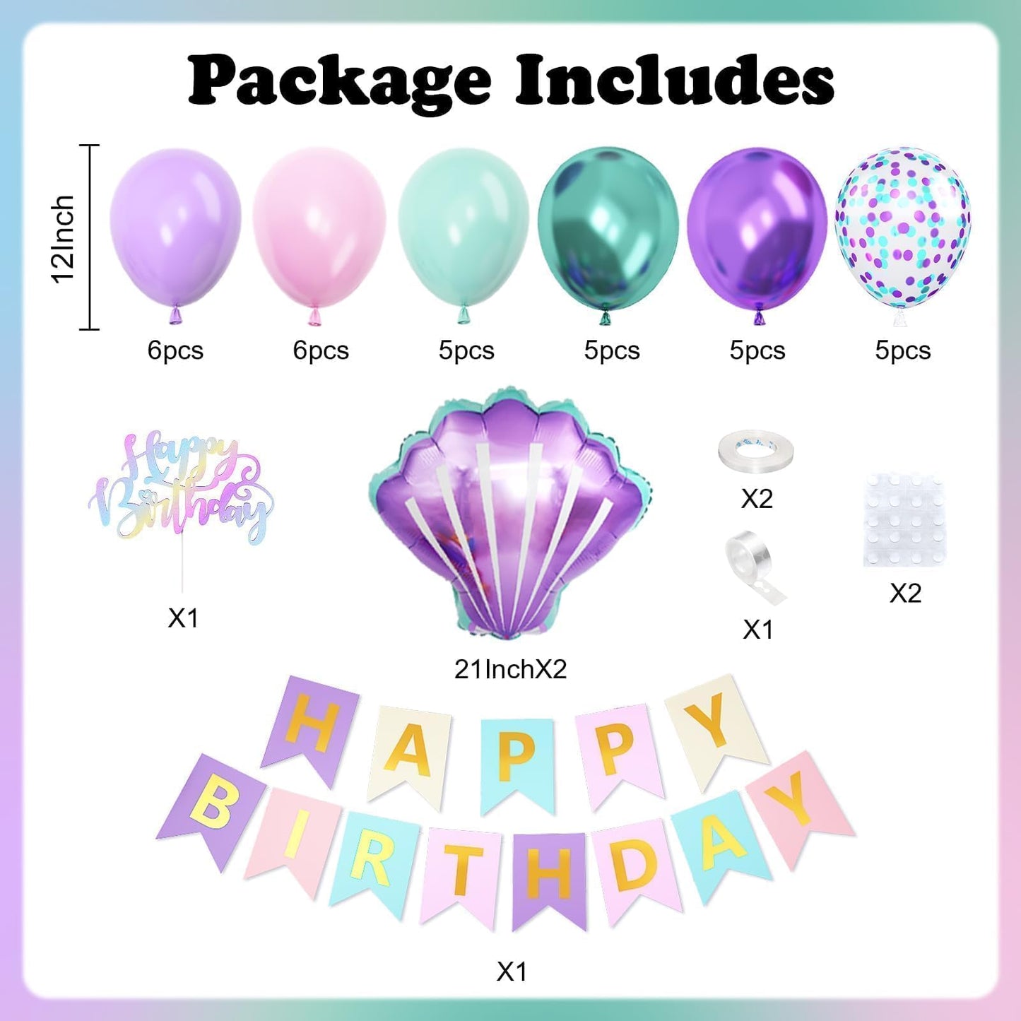 Mermaid Birthday Decoration for Girls,Metallic Purple Pink Green Blue Latex Balloons Seashell Foil Balloons Banner Cake Topper Mermaid Sea Decorations