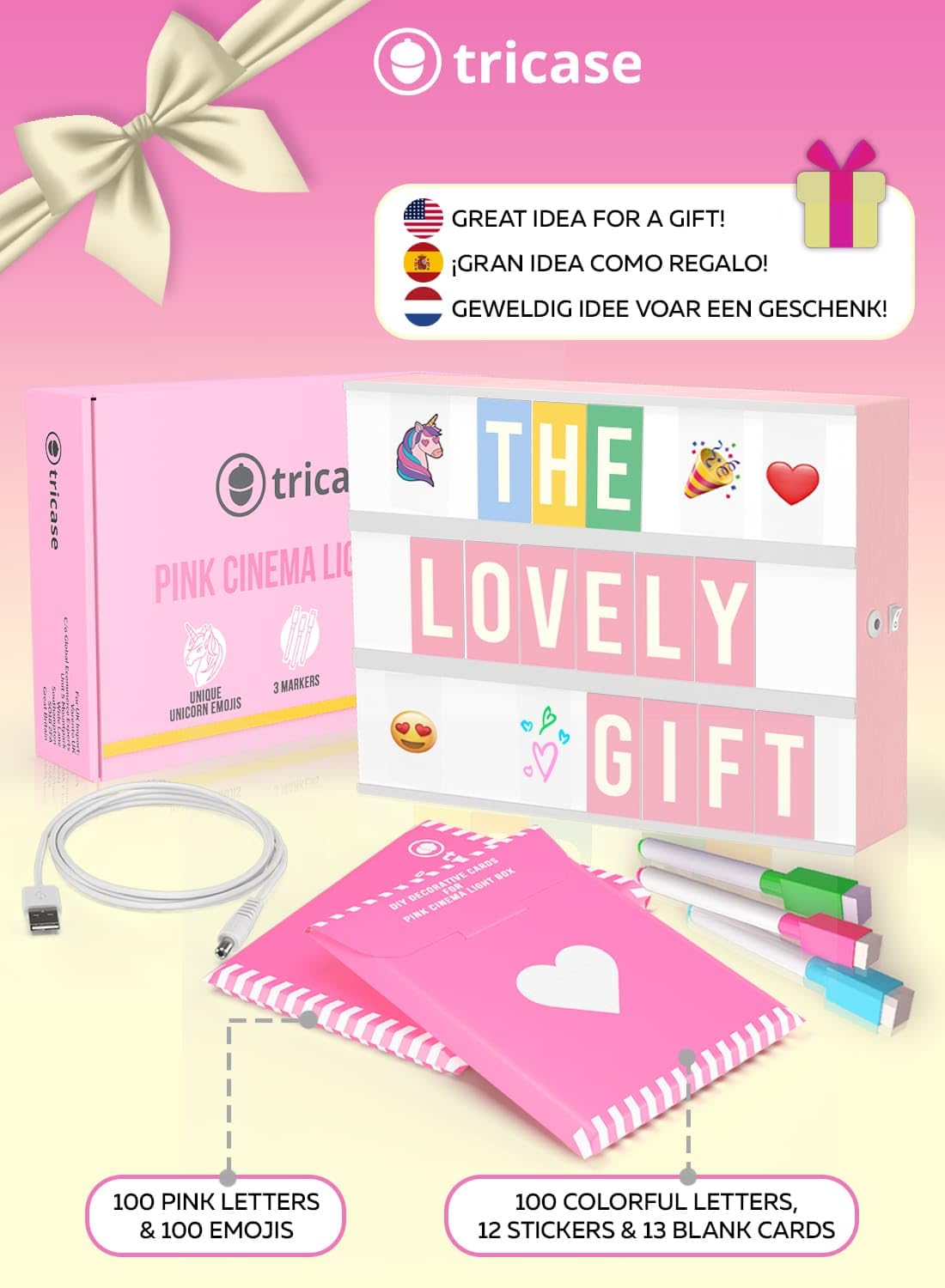 Pink Cinema Light Box with 312 Letters, Emojis & 3 Markers - Led Light Box Sign for Home & Pink Room Decor - Premium Light Up Letter Board - Best Gift Idea for Women & Girls on Christmas or Birthdays