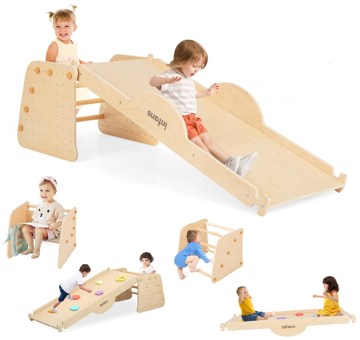 INFANS 7 in 1 Climbing Toys for Toddlers, Upgrade Wooden Montessori Cube Climber Set with Reversible Ramp Slide Ladder Seesaw, Indoor Pikler Climb Activity Jungle Gym Present for Kids Age 3+
