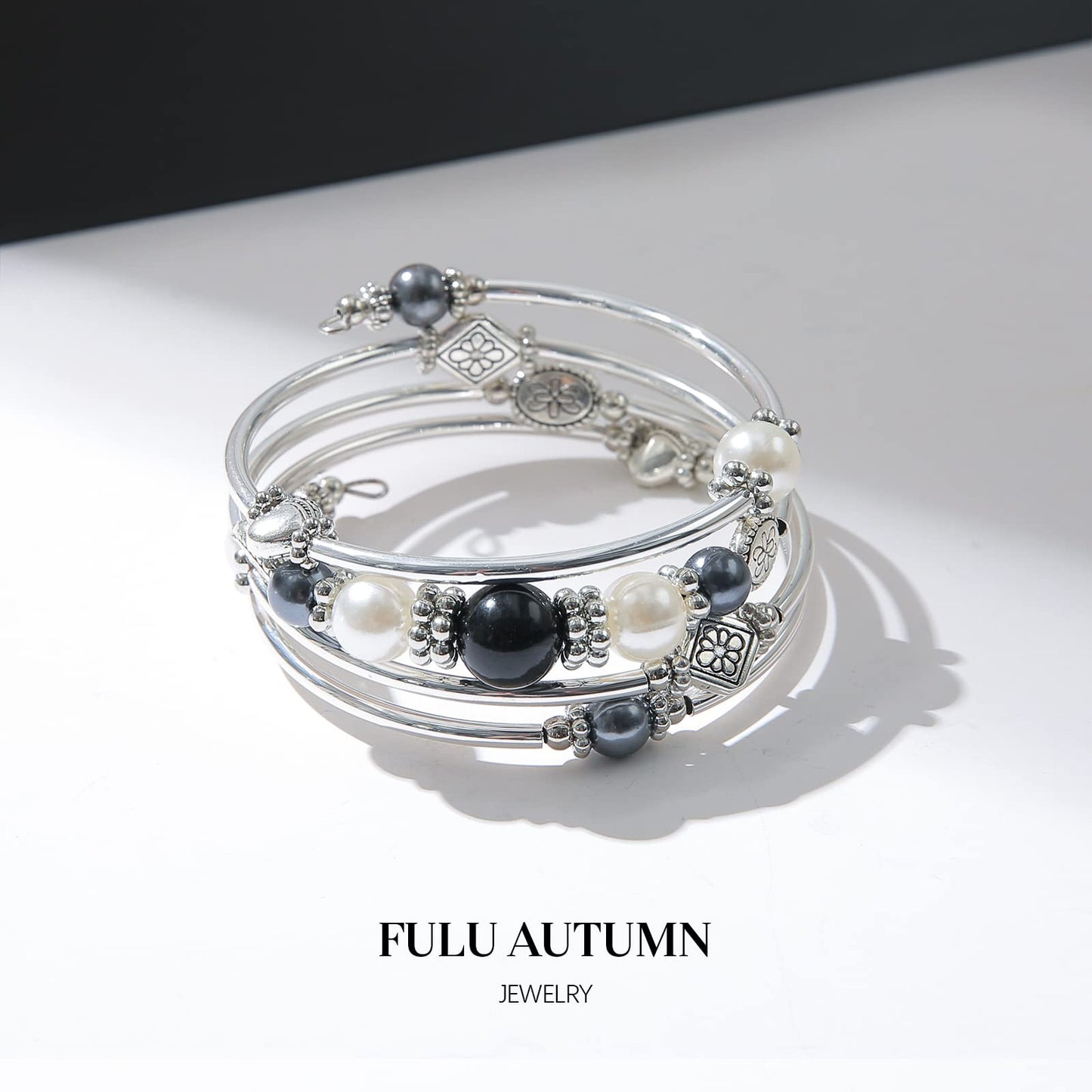 FULU AUTUMN Beaded Pearl Bangle Bracelets for Women Silver Wrap Bangles Bracelet Womens Costume Jewelry Fashion Gift(18-Black)