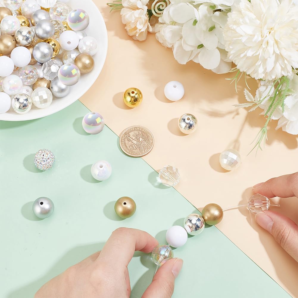 PH PandaHall 102PCS Crystal Bubblegum Beads, 16mm Clear Silver Gold Chunk Bead Acrylic Large Rhinestone Pearl Beads Shiny Round Focal Spacer Bead for Necklace Key Chain Bag