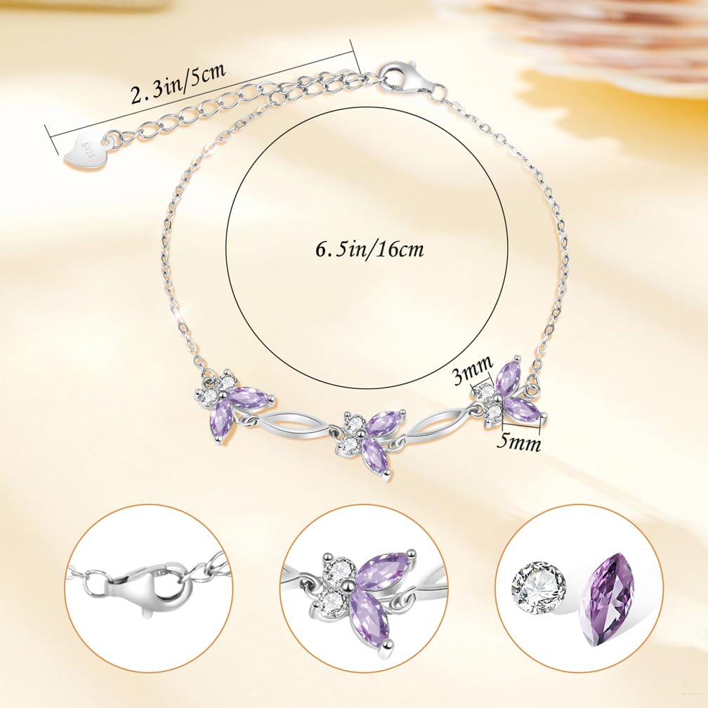 SUNCHIO Purple Bracelet 925 Sterling Silver Butterflies Link Bracelet Birthstone Jewelry Gifts for Women (Amethyst)