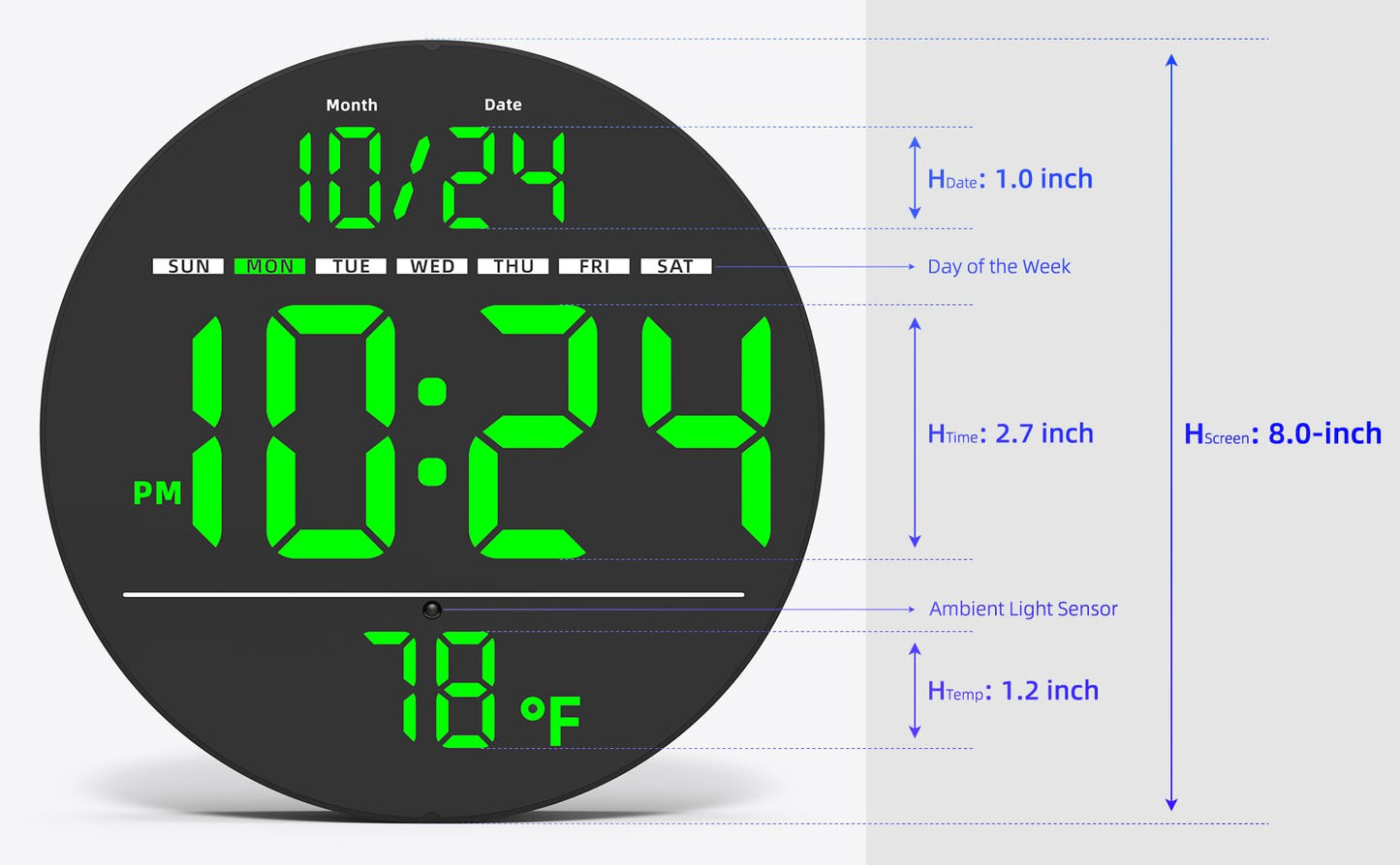 Digital Wall Clock with Large LED Display, Date, Temperature, Auto-Brightness | Small [PLUG-IN] Clock | Modern Electric Wall Clock for Bedroom, Classroom, Living Room, Home, Office, Farmhouse – Green