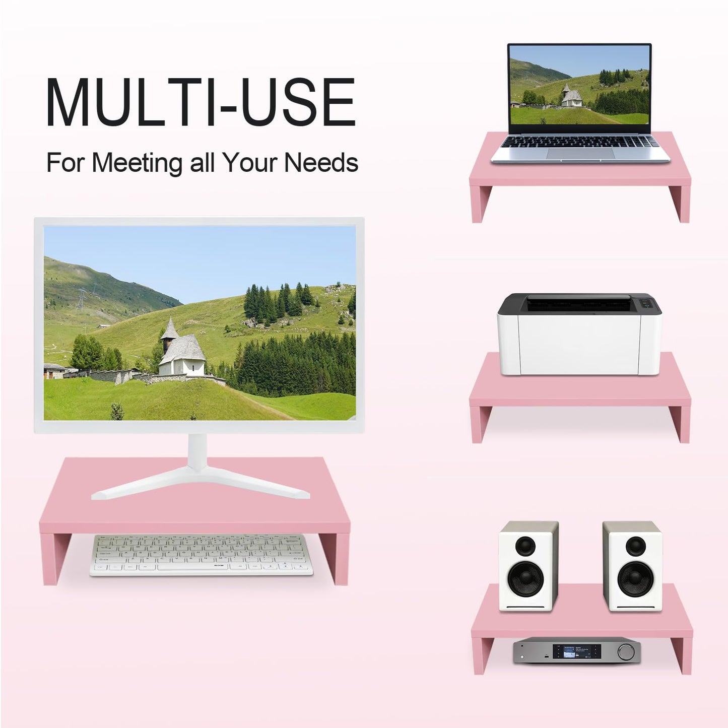 TEAMIX Pink Monitor Stand Riser, Wood Monitor Riser with Storage for Desk Small Monitor Stand TV/Screen/PC/Laptop Riser Computer Stand Desktop Shelf (Pink-14.2 inch)