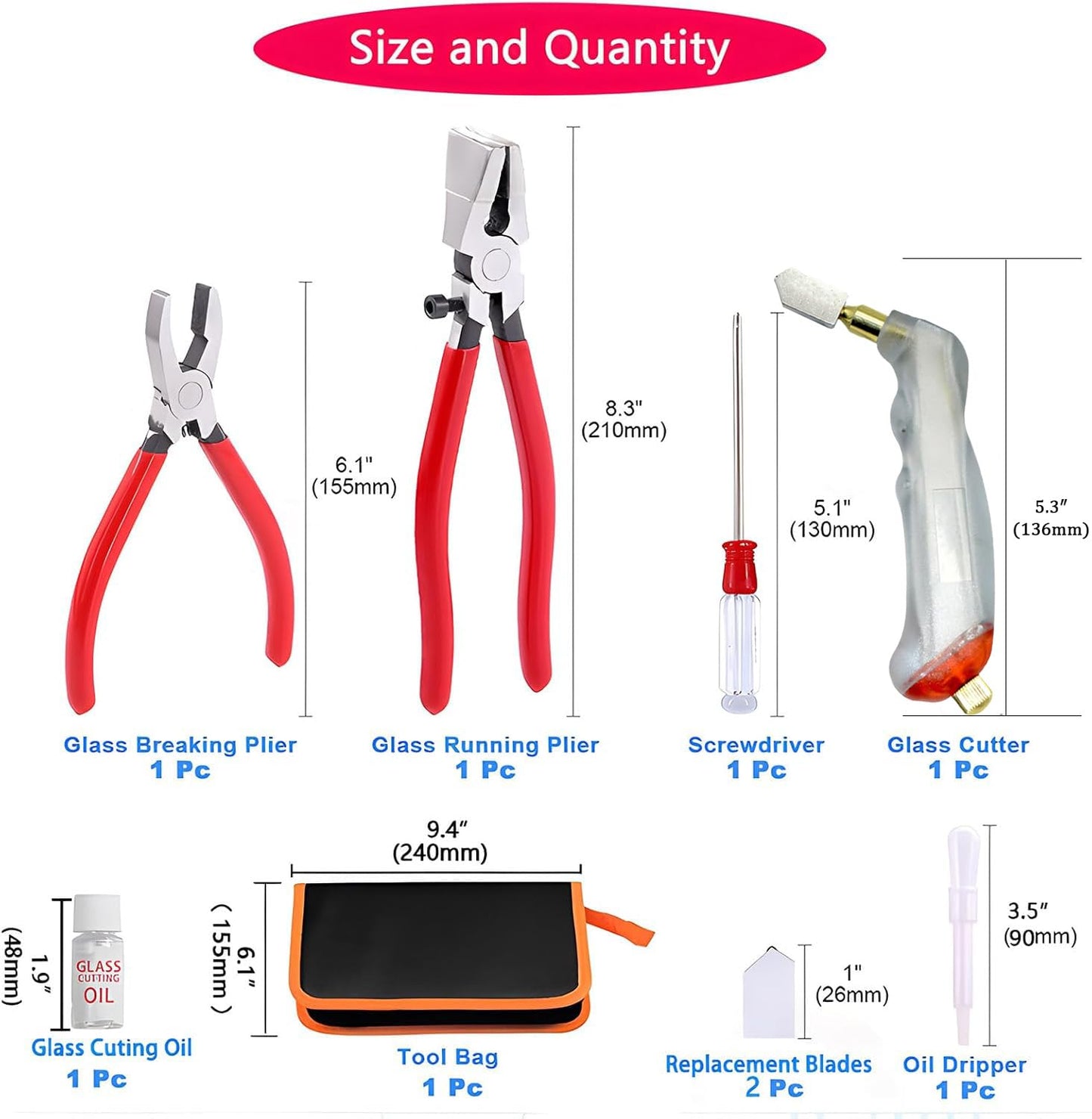 Puwany Glass Cutting Tool Kit,Glass Cutters Tools Set with Oil Feed Glass Cutter Glass Running Pliers Breaker Pliers, Glass Cutting for Stained Glass Mosaic Tiles Mirrors,Zipper Package