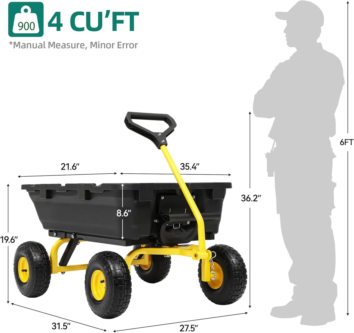 Autodaya 900LB Garden Dump Cart, 2026 Upgraded Heavy Duty Wheelbarrow Cart with 10" Non-Slip Pneumatic Tires & Quick-Release System, 4-Wheel Steel Frame Wagon for Transportation in Yard, Farm, Garden