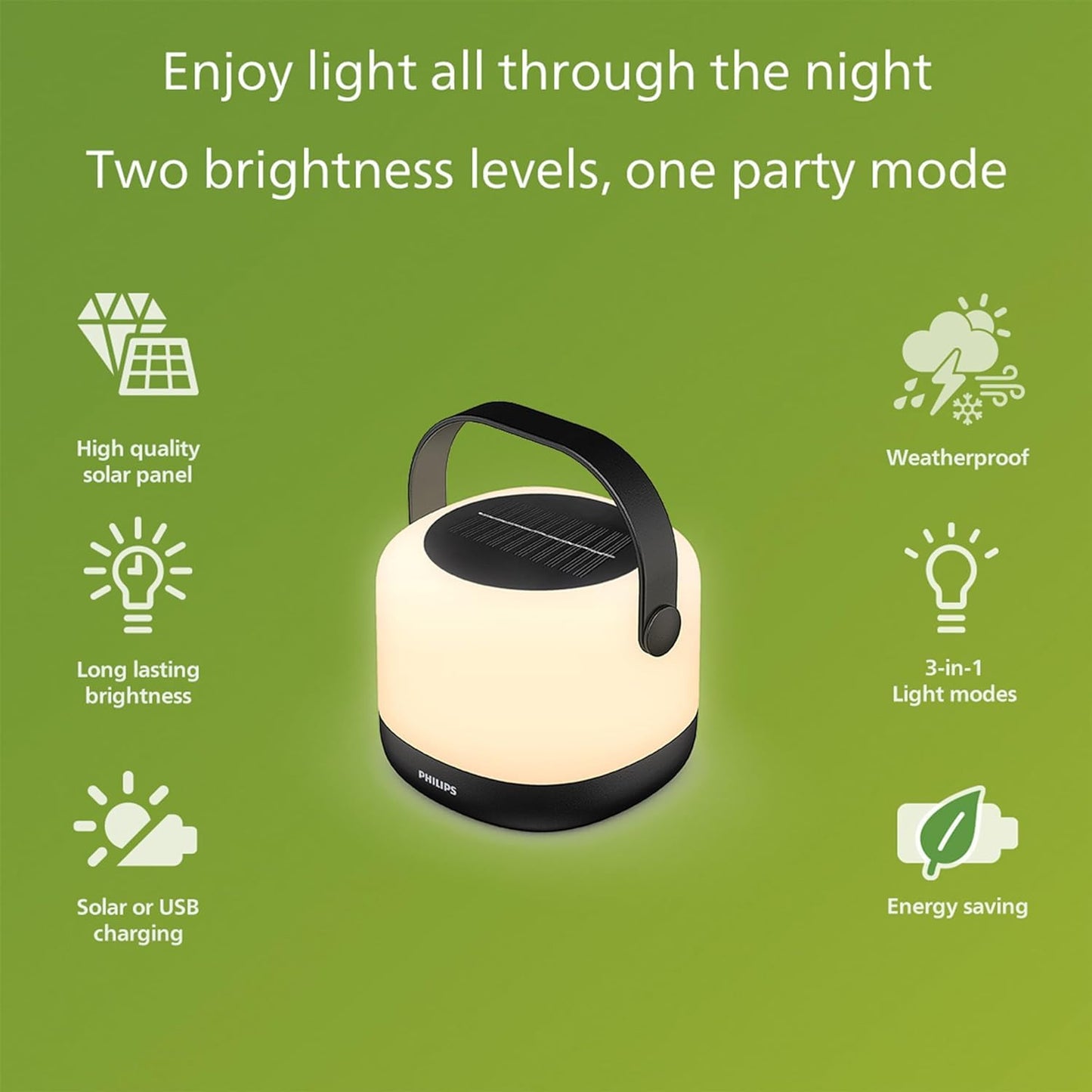 PHILIPS LED Solar Portable Light, 3-in-1 Light Setting 1-Pack Bright White (3000K), Color Changing Solar Light with 80/20 Lumen, Waterproof and Rechargeable