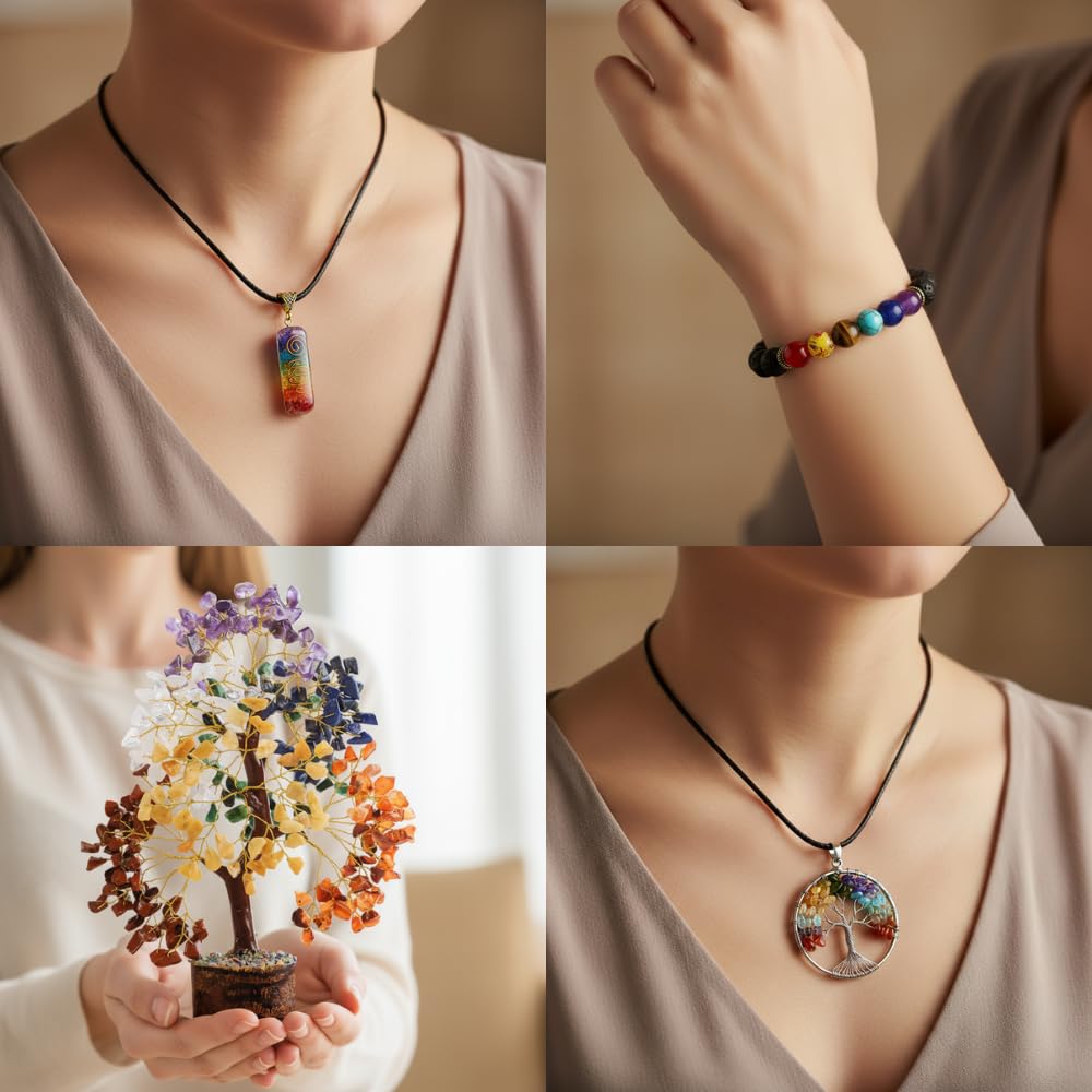 ANAYA AGATE 7 Chakra Healing Crystal Tree Kit, Bracelet, Pendant, Necklaces, Handmade Gemstone Money Bonsai Tree of Life Feng Shui Decor for Home Office, Positive Energy, Reiki Healing Gifts for Women