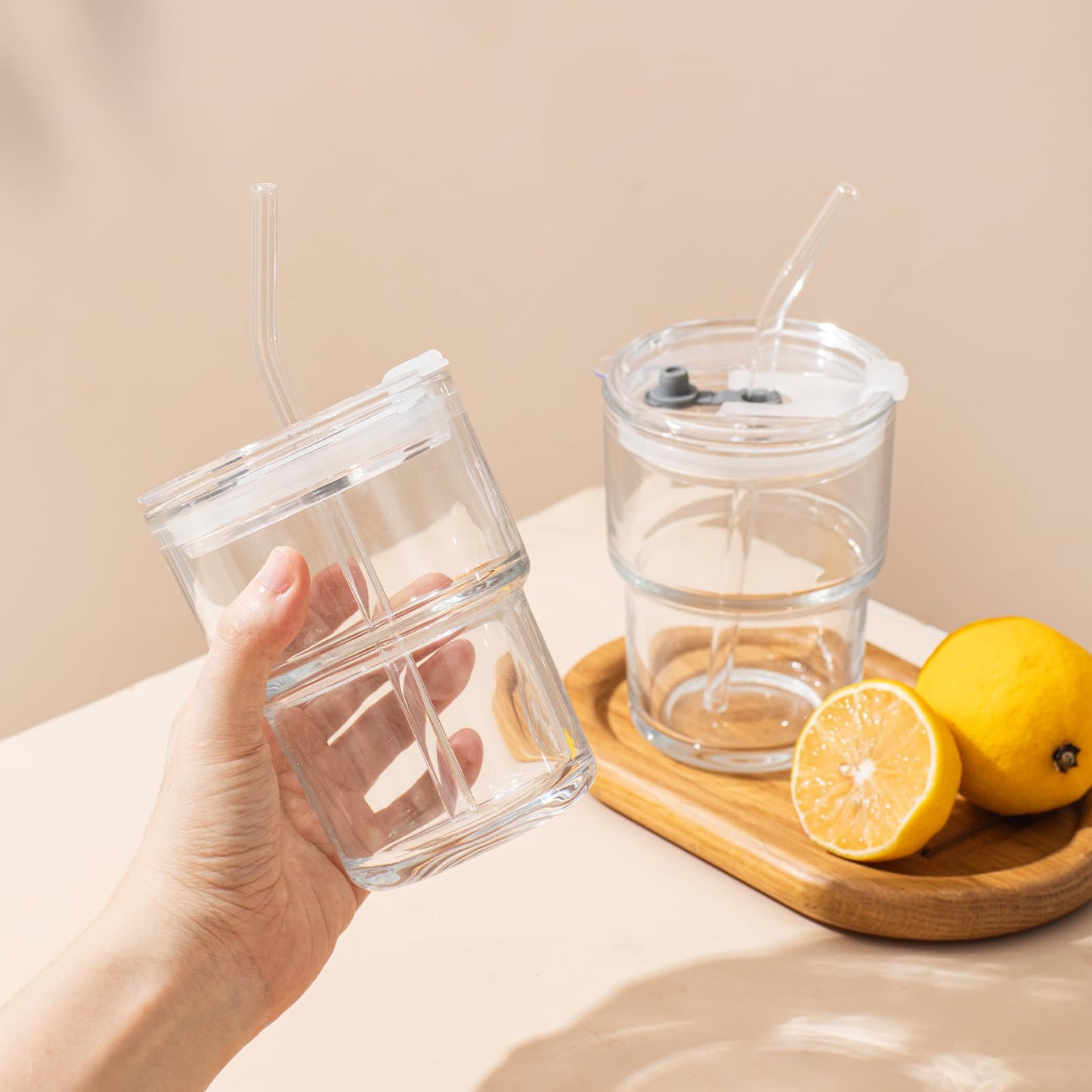 SoulTimes 13oz Glass Tumbler with Lid and Glass Straw Set of 2 – Thick-Walled Iced Coffee Cup, Reusable Clear Glass Cups for Water, Iced Tea, Coffee, Juice, Perfect for On-the-Go & Daily Use