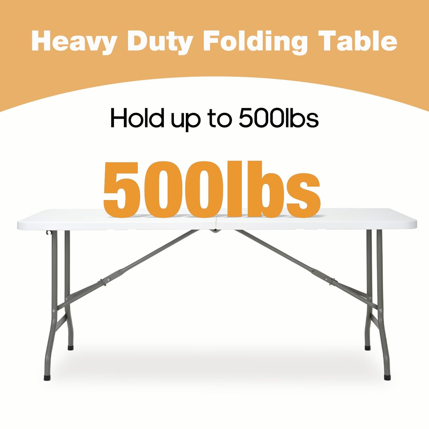 GlowitLian Folding Table 6ft, Heavy-Duty 500lbs Weight Capacity Foldable Table with HDPE Top & Steel Legs, Portable 6 Foot Picnic Table for Indoor Outdoor Parties, Camping, Event
