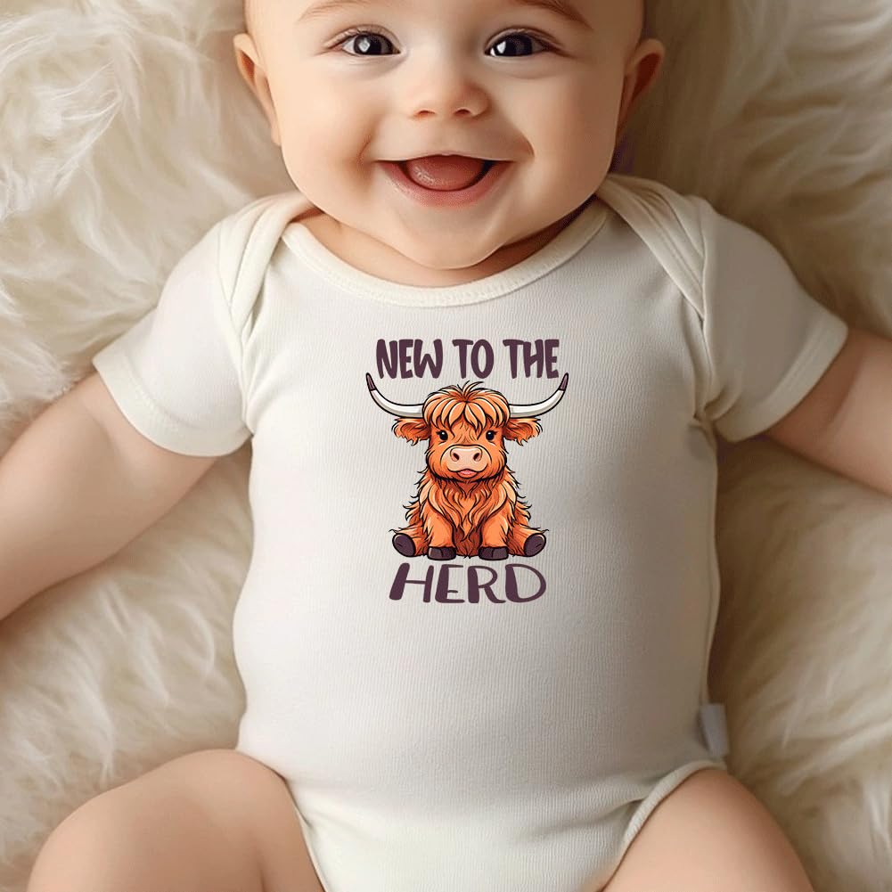 hrcfbk Western Baby Boy Girl Clothes Summer Newborn New to the Herd Cowgirl Short Sleeve Romper Infant Highland Cow Bodysuit (Beige New to the Herd,0-3 Months)