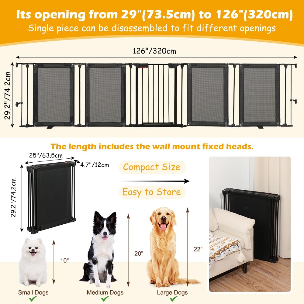 HIDOG Dog Gate Foldable Pet Playpen Extra Wide 29"-126", Auto Close Pet Gate Dog Fence Pressure Mounted Walk Through Swing Safety Pet Fence Indoor Puppy Date for Stairs, 29" Height-5 Panels, Black