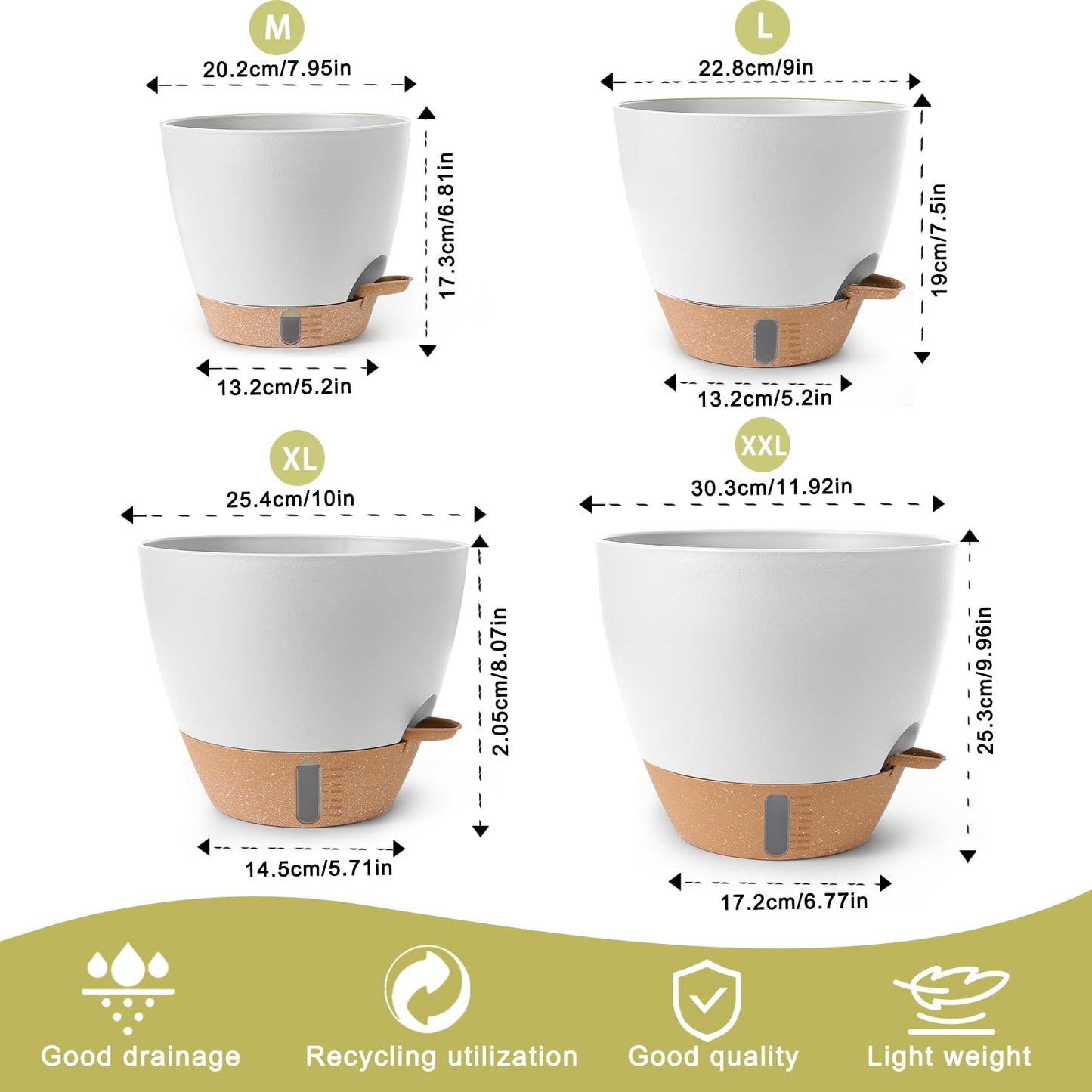 WEICHENGXING Plant Pots,12/10/9/8/ Inch Large Plastic Self Watering Flower Pots Indoor Outdoor with Drainage Holes, Deep Reservoir,Nursery Planting Pot for Indoor Out Door Plants White