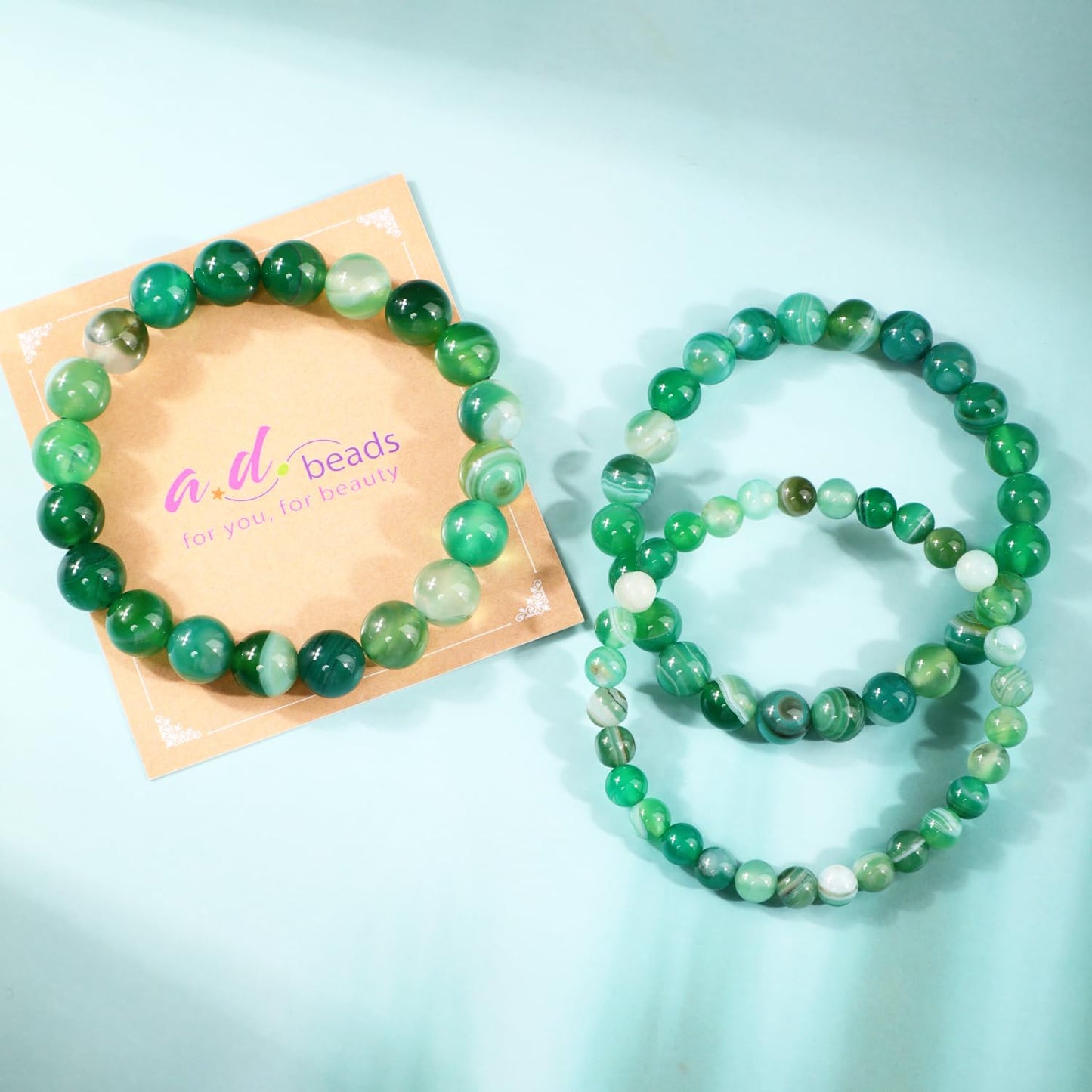 AD Beads 4mm Handmade Green Stripe Agate Elastic Bracelet – Natural Gemstone for Calm energy – Meditation, Yoga, Healing and Energy Gift for Men Women