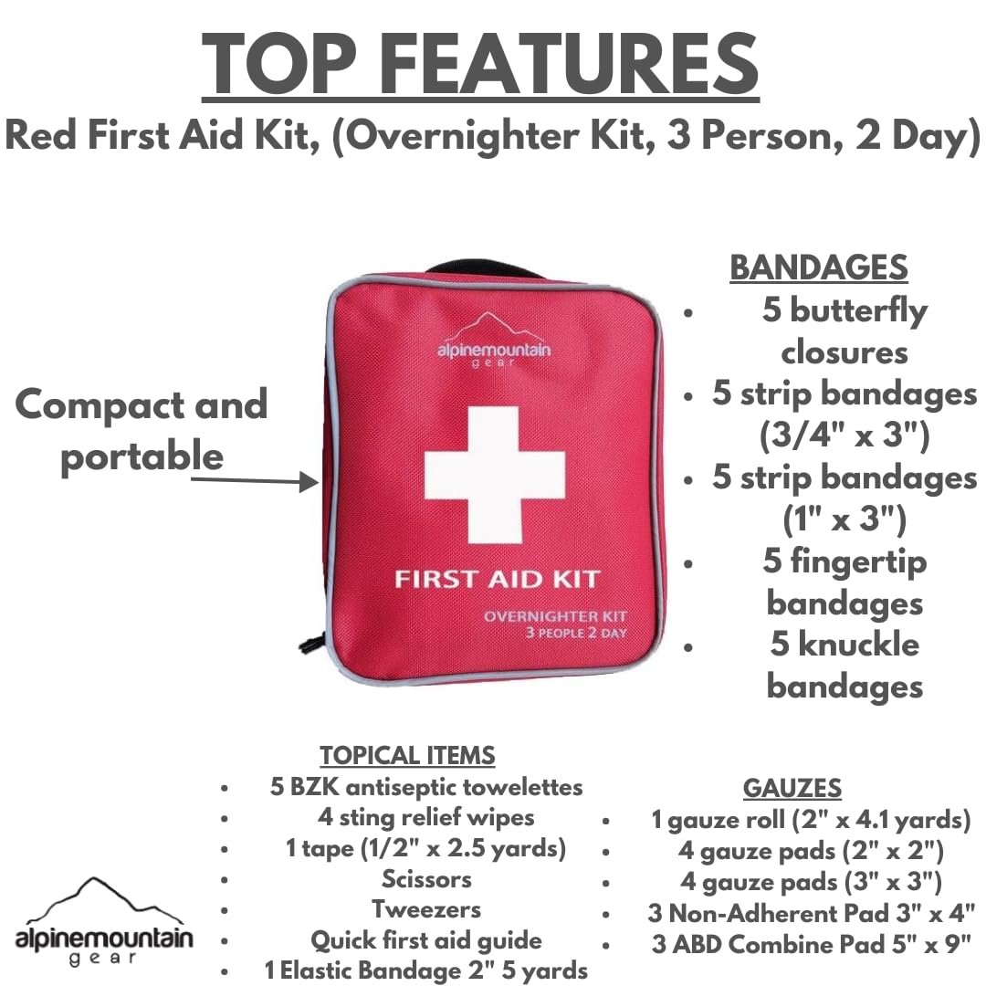 Red First Aid Kit, (Overnighter Kit, 3 Person, 2 Day) - Compact Emergency Medical Kits with Bandages, Gauze, and More by Caddis Sports (Overnighter (Red))