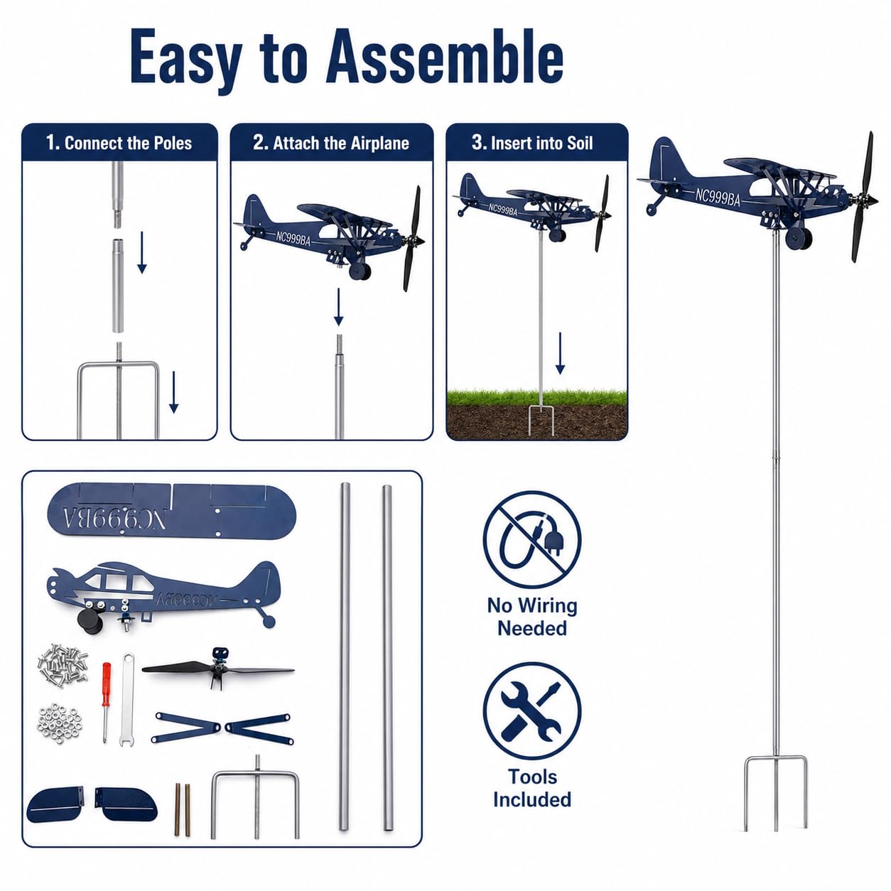 SDFRT Blue Airplane Weathervane, Kinetic Metal Wind Spinners for Yard and Garden, 3D Kinetic Wind Spinner Wind Catchers Sculpture, Airplane Weathervane Metal Wind Spinner (28 x 32 cm)